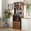 Roomfitters Kitchen Pantry Cabinet Modern Walnut Bakers Rack With Lift Up Glass Door Microwave Coffee Bar Hutch Walnut