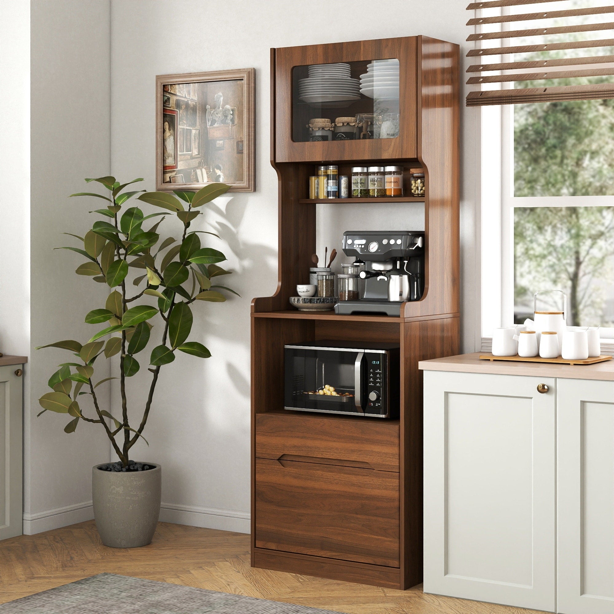 Roomfitters Kitchen Pantry Cabinet Modern Walnut Bakers Rack With Lift Up Glass Door Microwave Coffee Bar Hutch Walnut