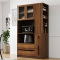 Roomfitters Kitchen Pantry Cabinet Tall Bakers Rack With Fluted Glass Door Side Spice Holder Microwave Hutch Walnut