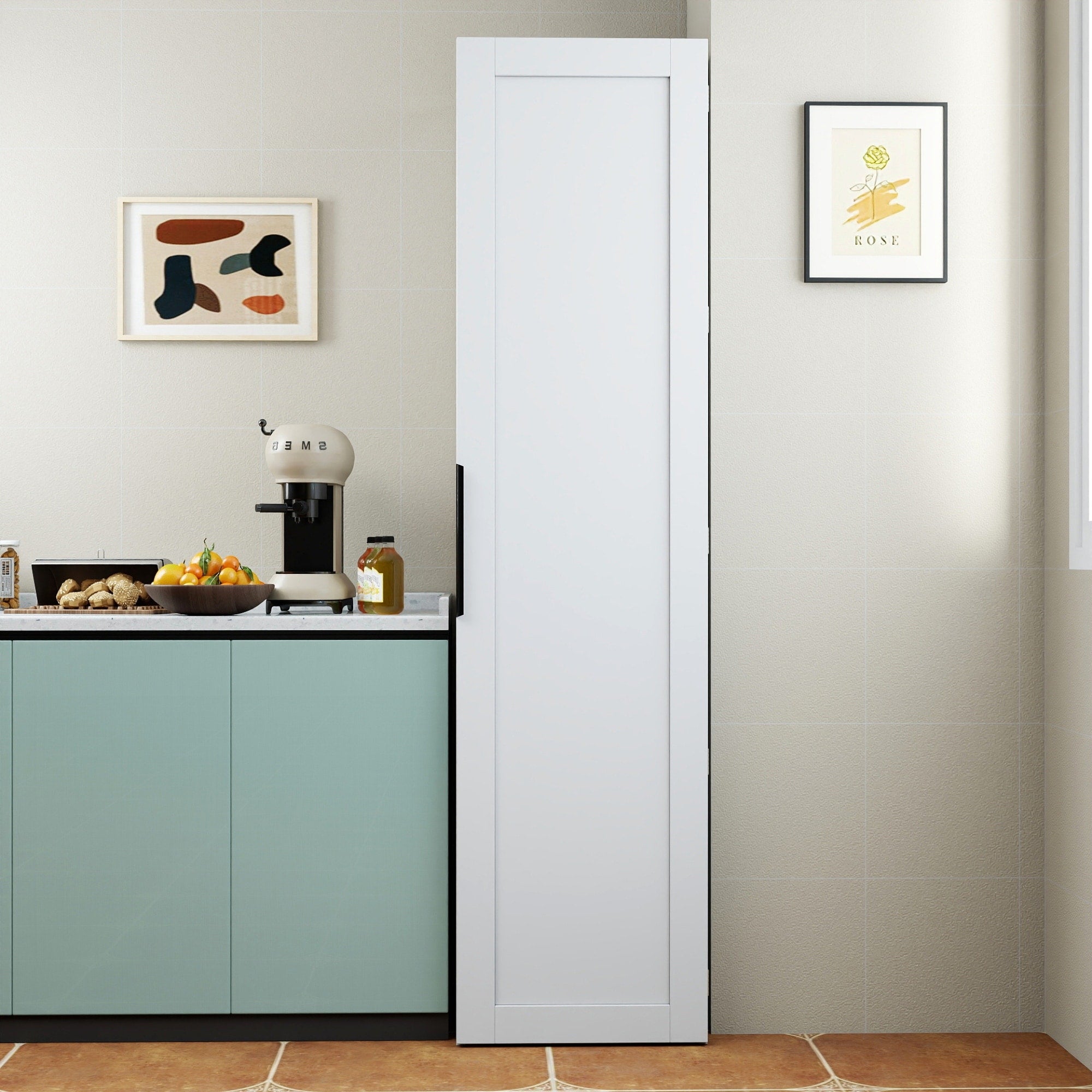 Roomfitters Kitchen Pantry Cabinet With Door Spice Rack Tall Wooden Narrow Food Storage Cupboard Appliance Tower White
