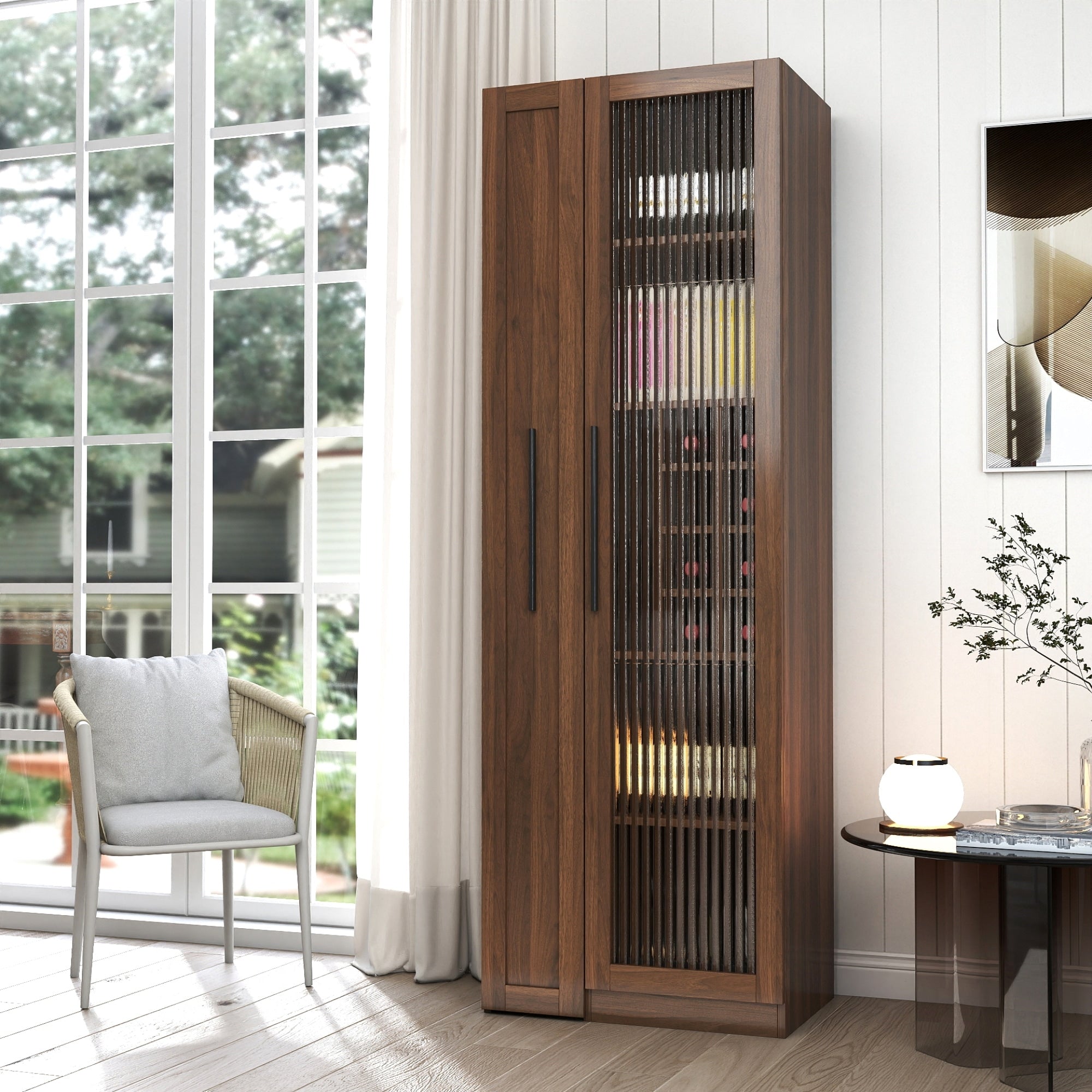 Roomfitters Kitchen Pantry Cabinet With Fluted Glass Door Tall Wooden Liquor Storage Wine Bar Hutch Buffet Credenza Walnut
