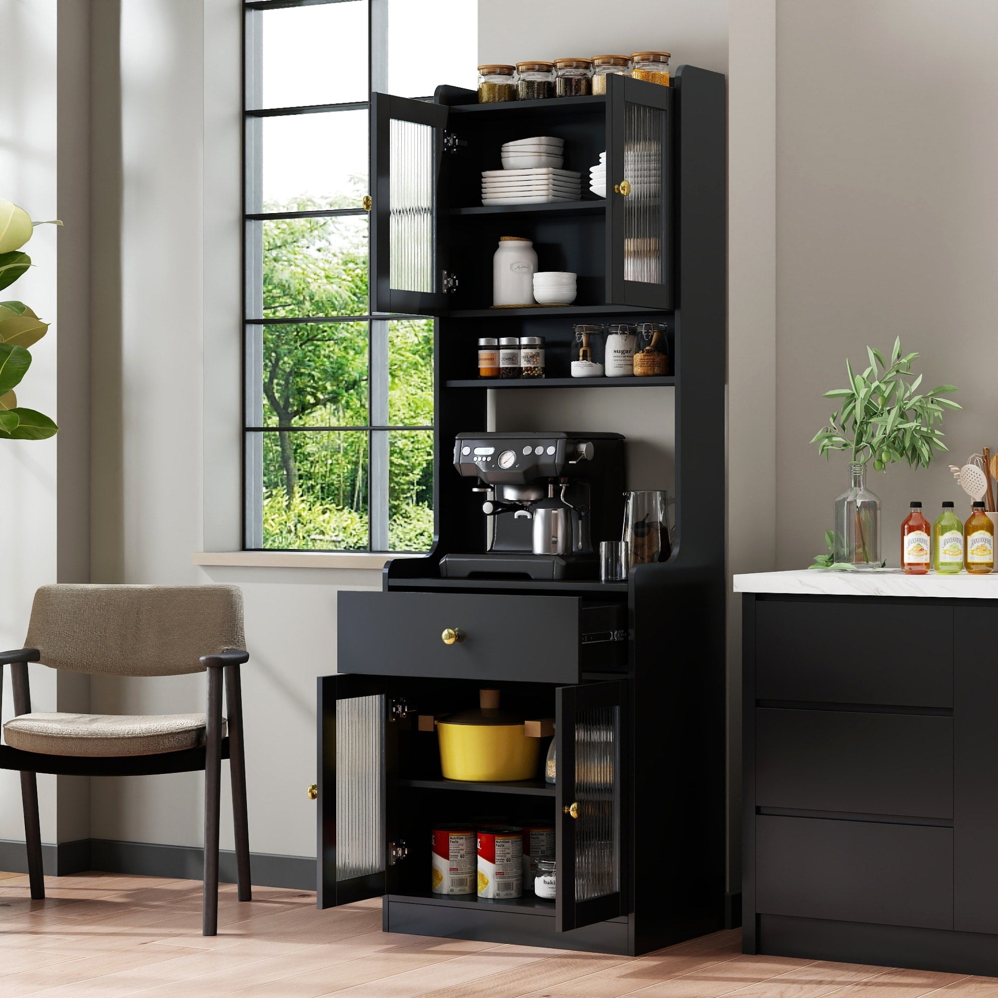Roomfitters Kitchen Pantry Storage Cabinet With Fluted Glass Door Modern Black Wooden Coffee Bar Buffet Bakers Rack Black