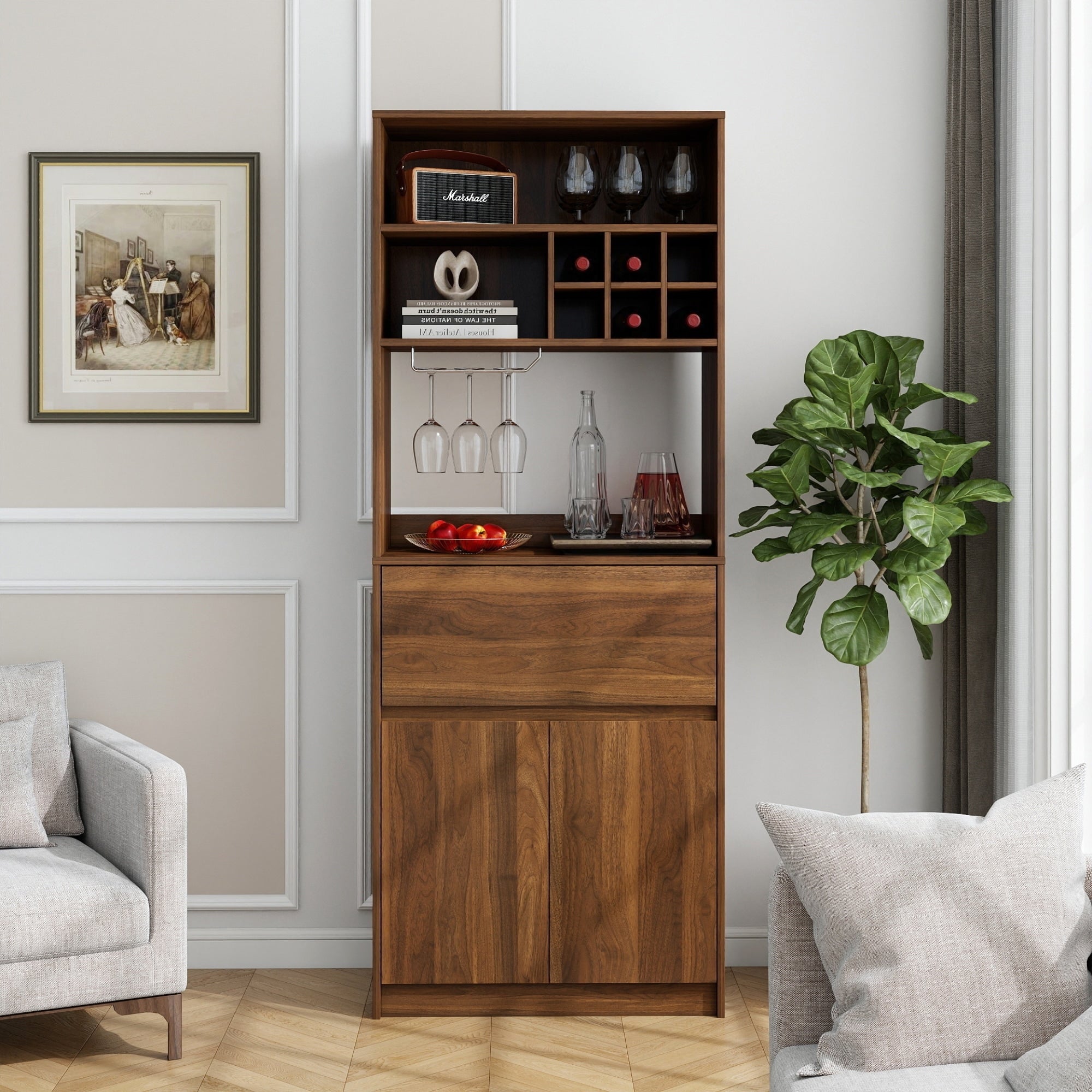 Roomfitters Kitchen Wine Cabinet Tall Bar Hutch With Stemware Glass Rack Wooden Liquor Storage Buffet Sideboard Walnut