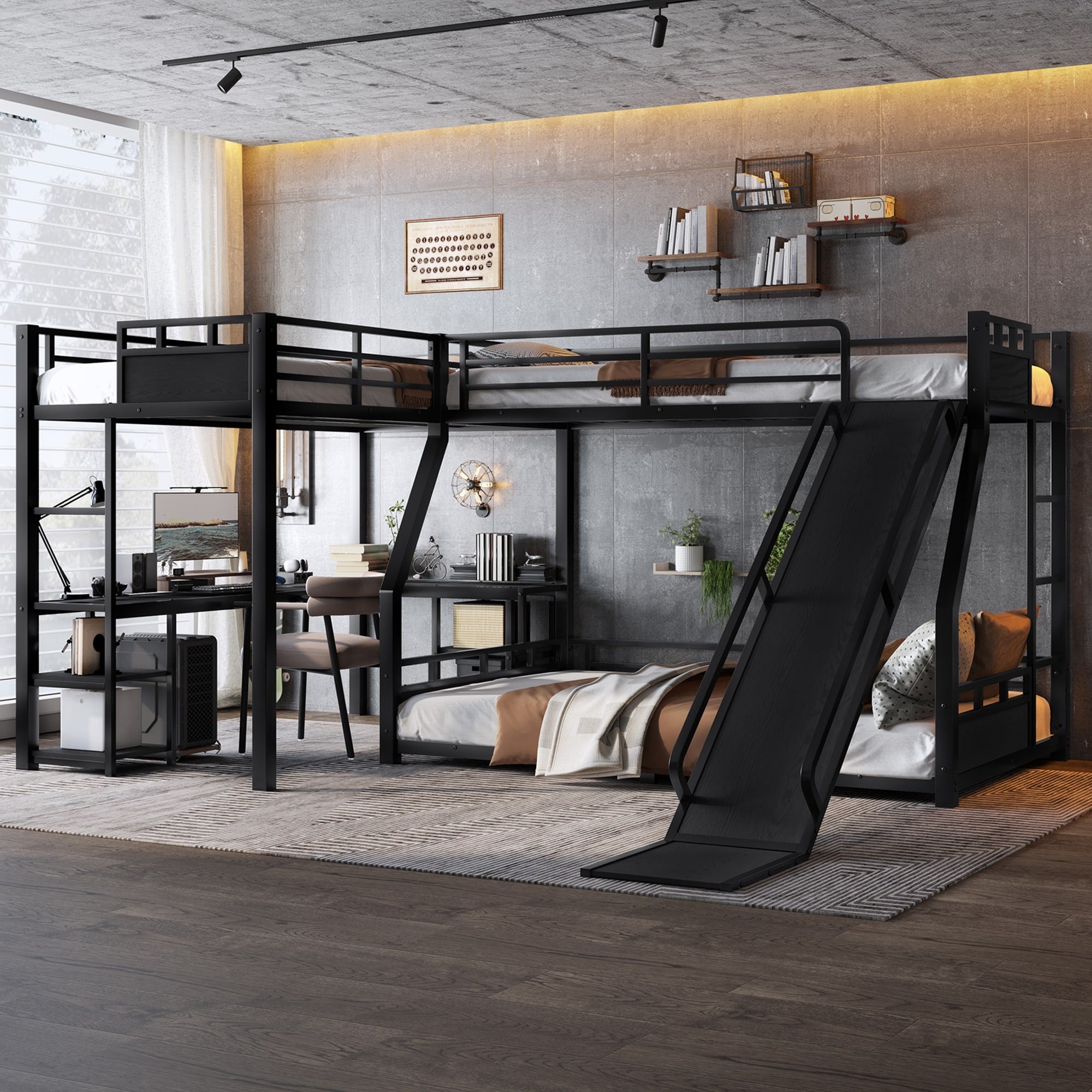Roomfitters L Shaped Metal Triple Bunk Bed Loft Full Bed Desk Power Station Black Triple Bed With Slide Shelves