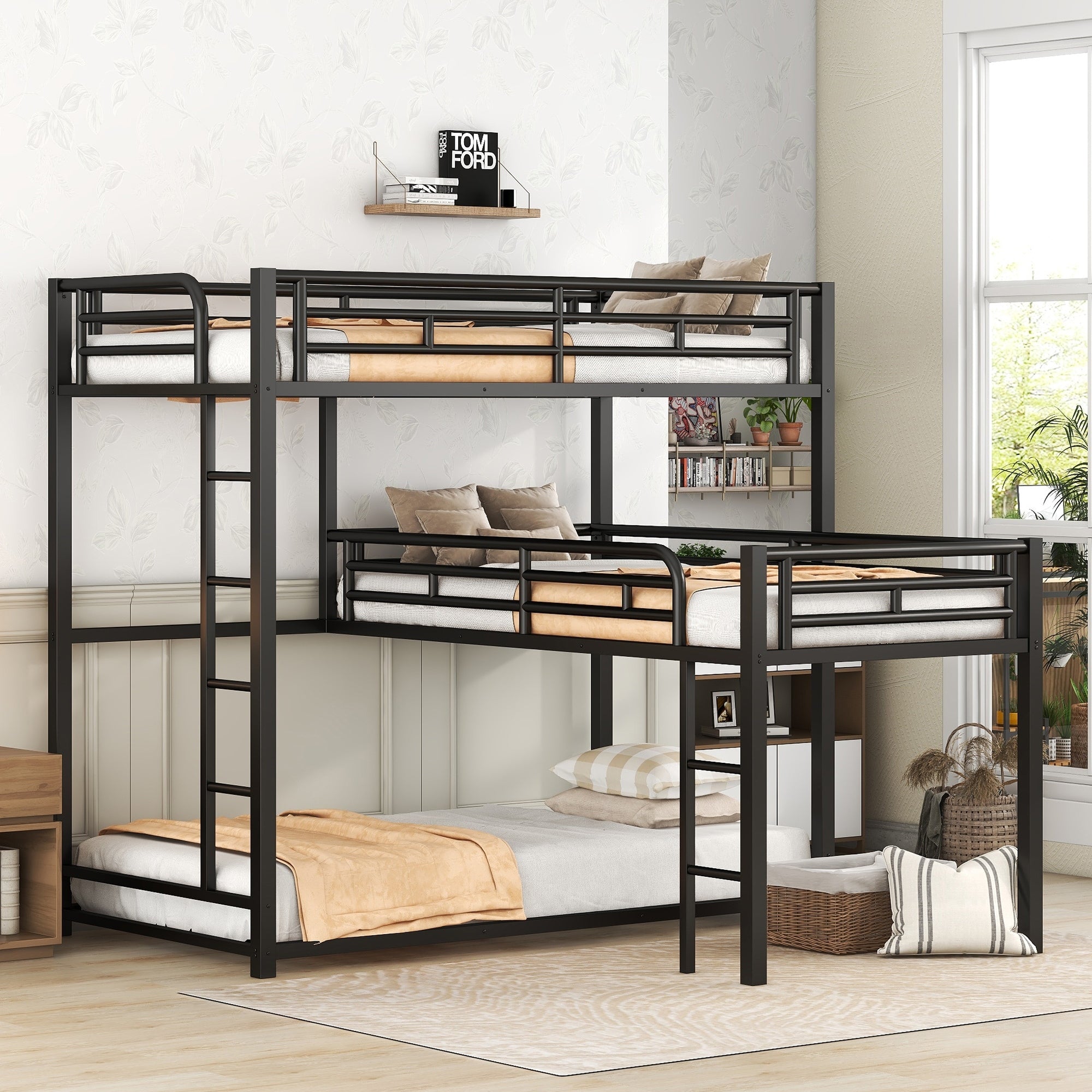 Roomfitters L Shaped Metal Triple Twin Bunk Bed With Desk And Shelf Black