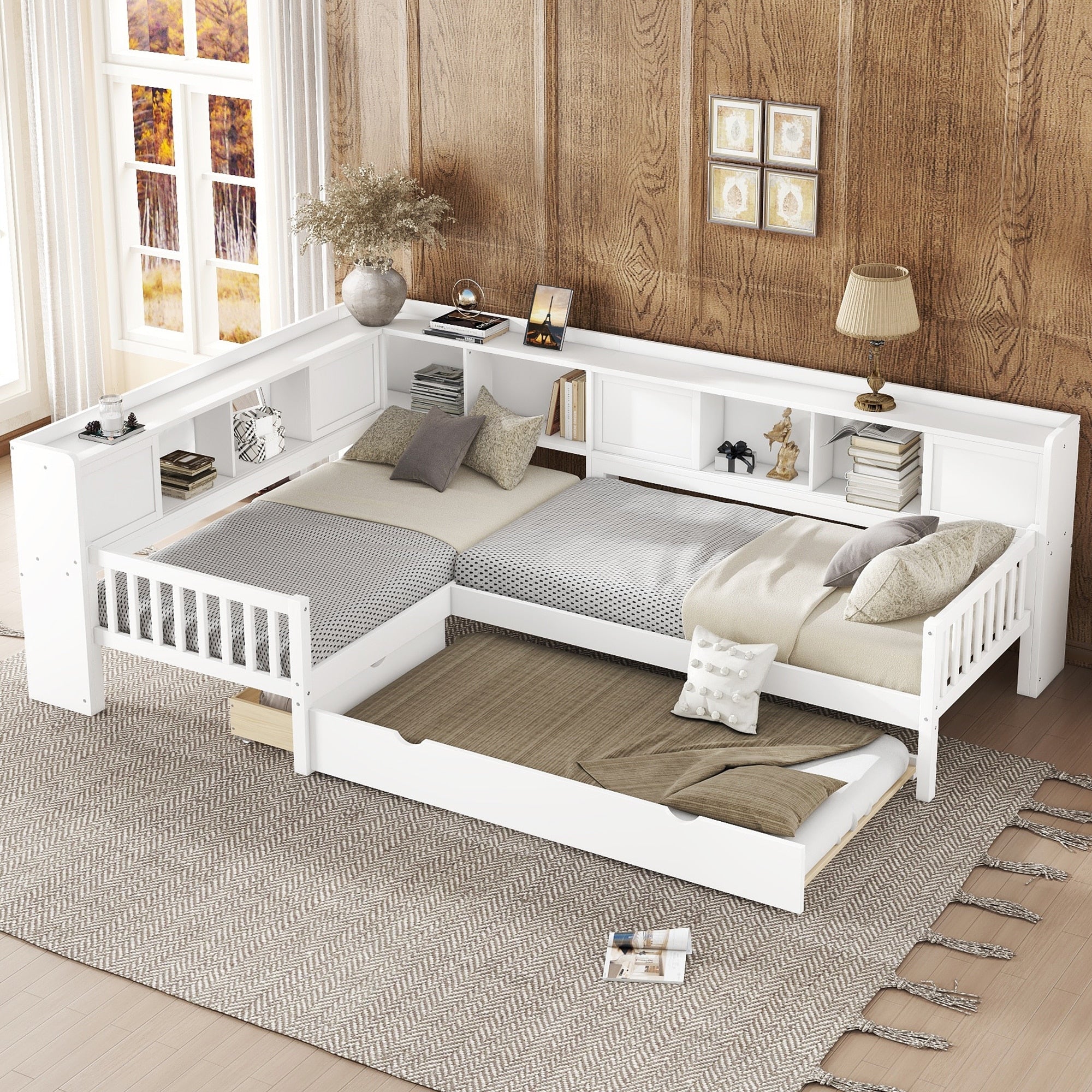 Roomfitters L Shaped Twin Platform Bed With Trundle Corner Bed Frame With Storage Drawers And Shelves