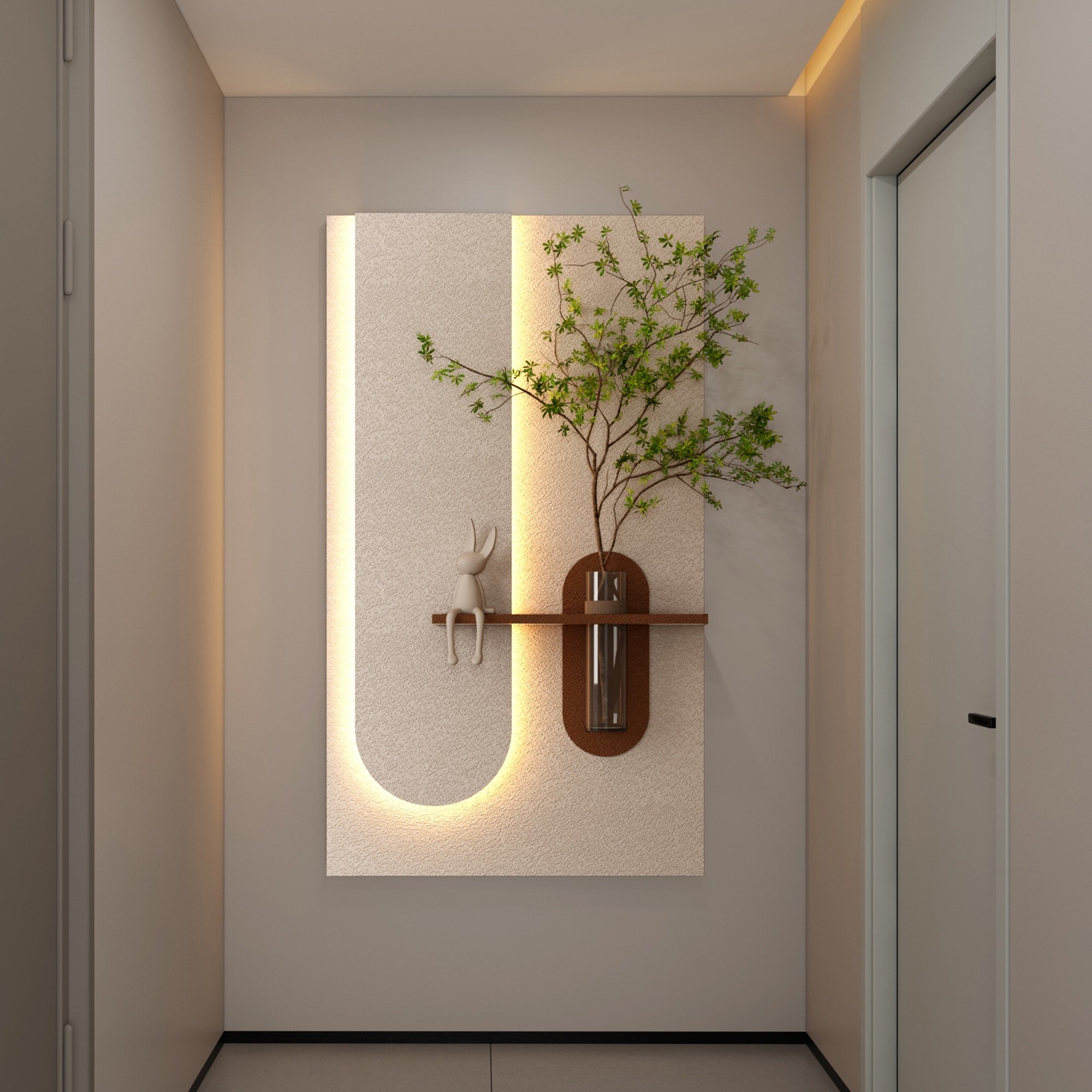 Roomfitters Led Sandstone Wall Art With 3D Vase 3 Color Light Strip Fake Rabbit Statue For Living Room Light Coffee