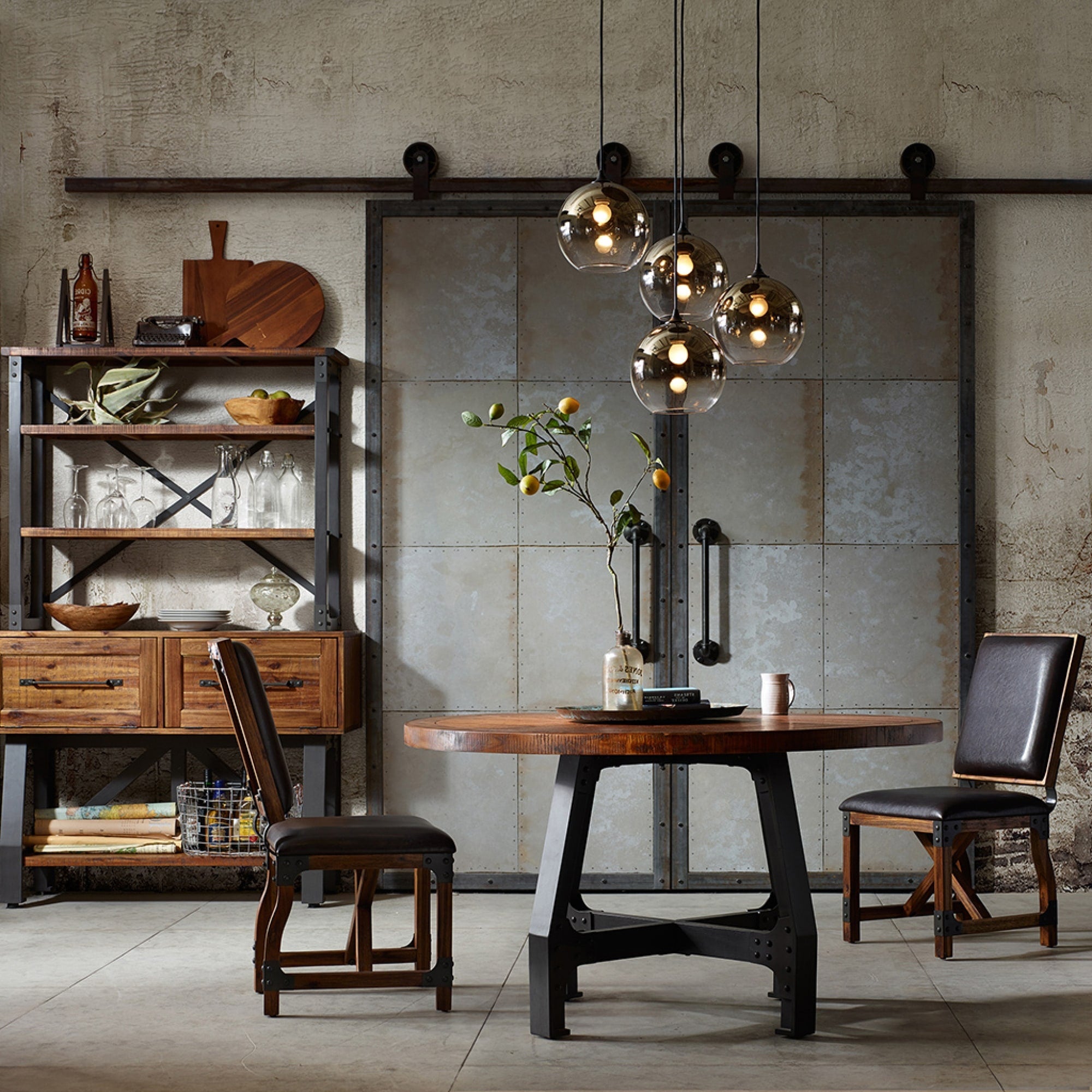 Roomfitters Lancaster Round Dining And Gathering Table 54 Inch Industrial Solid Wood Top With Adjustable Height Walnut