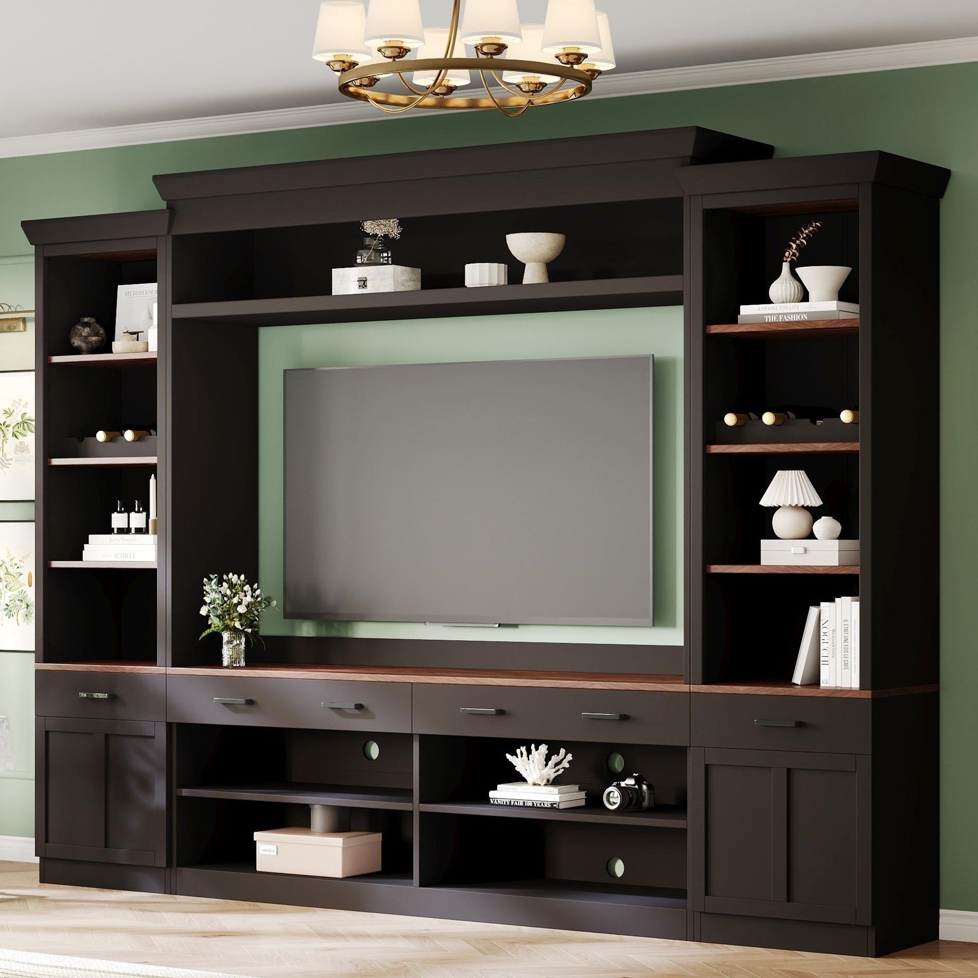 Roomfitters Large 4 Piece Entertainment Center Wall Unit With Tv Stand Bookcase Shelves And Storage Cabinets For Home
