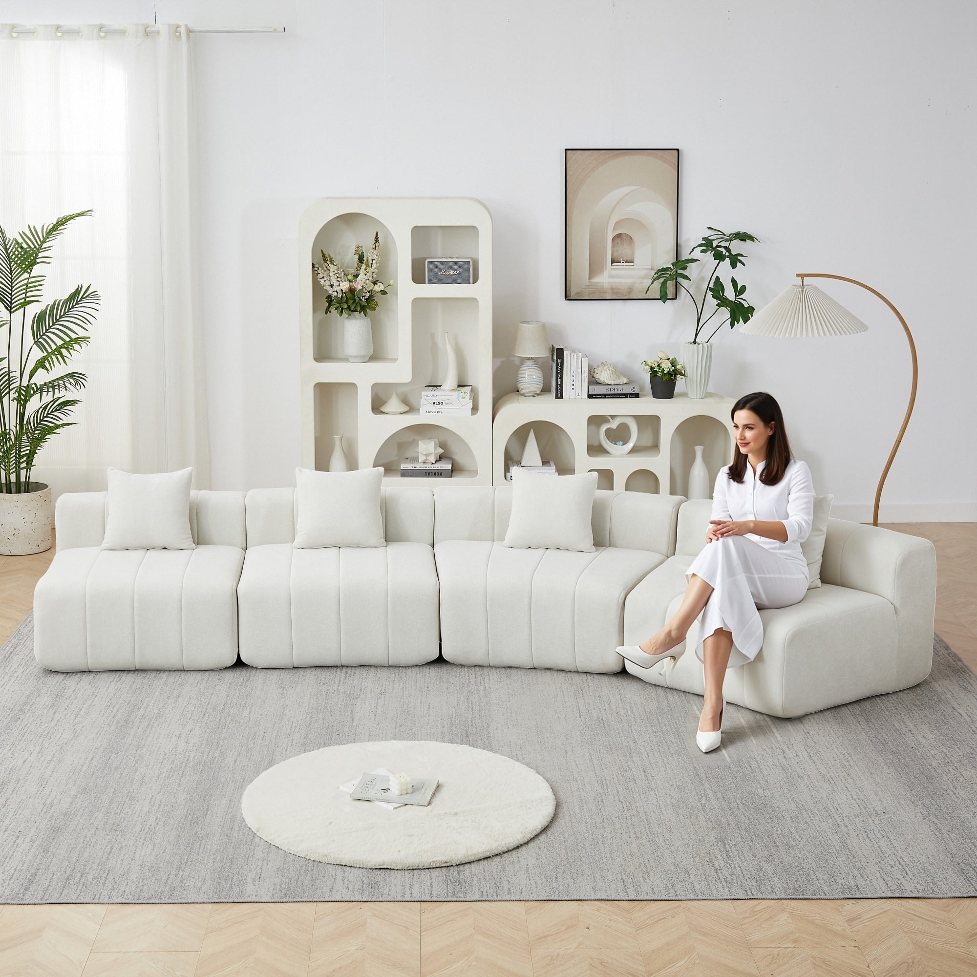 Roomfitters Large Curved Modular Sectional Sofa Low Profile Arc Shaped Upholstered Couch With 4 Pillows For Living Room