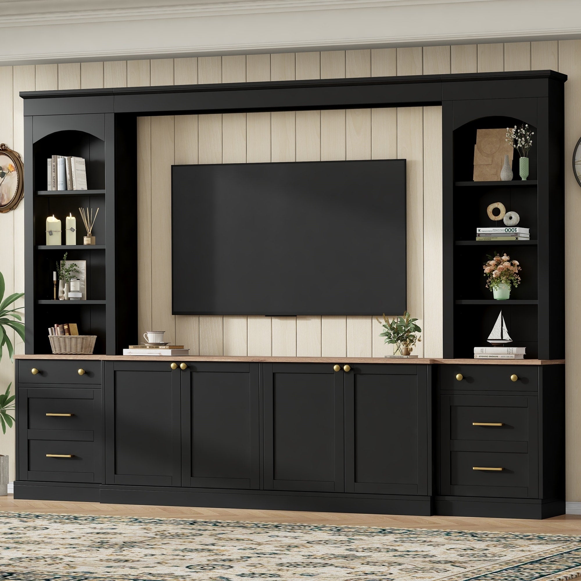 Roomfitters Large Entertainment Center Wall Unit With Arched Bookshelf Tv Stand And Storage Cabinets For Living Room