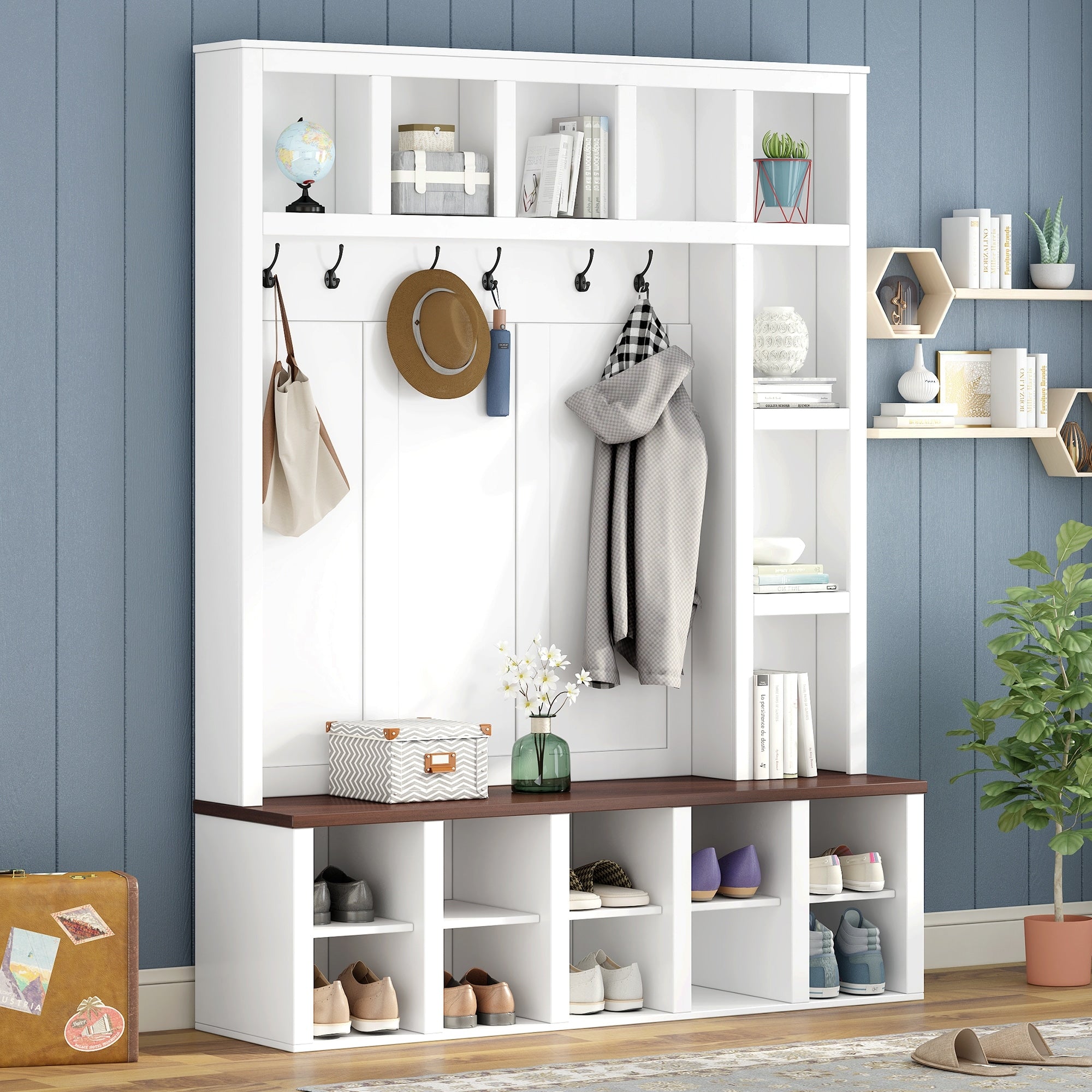 Roomfitters Large Entryway Hall Tree With Storage Bench Cubby Shelves And Coat Hooks For Mudroom Organization