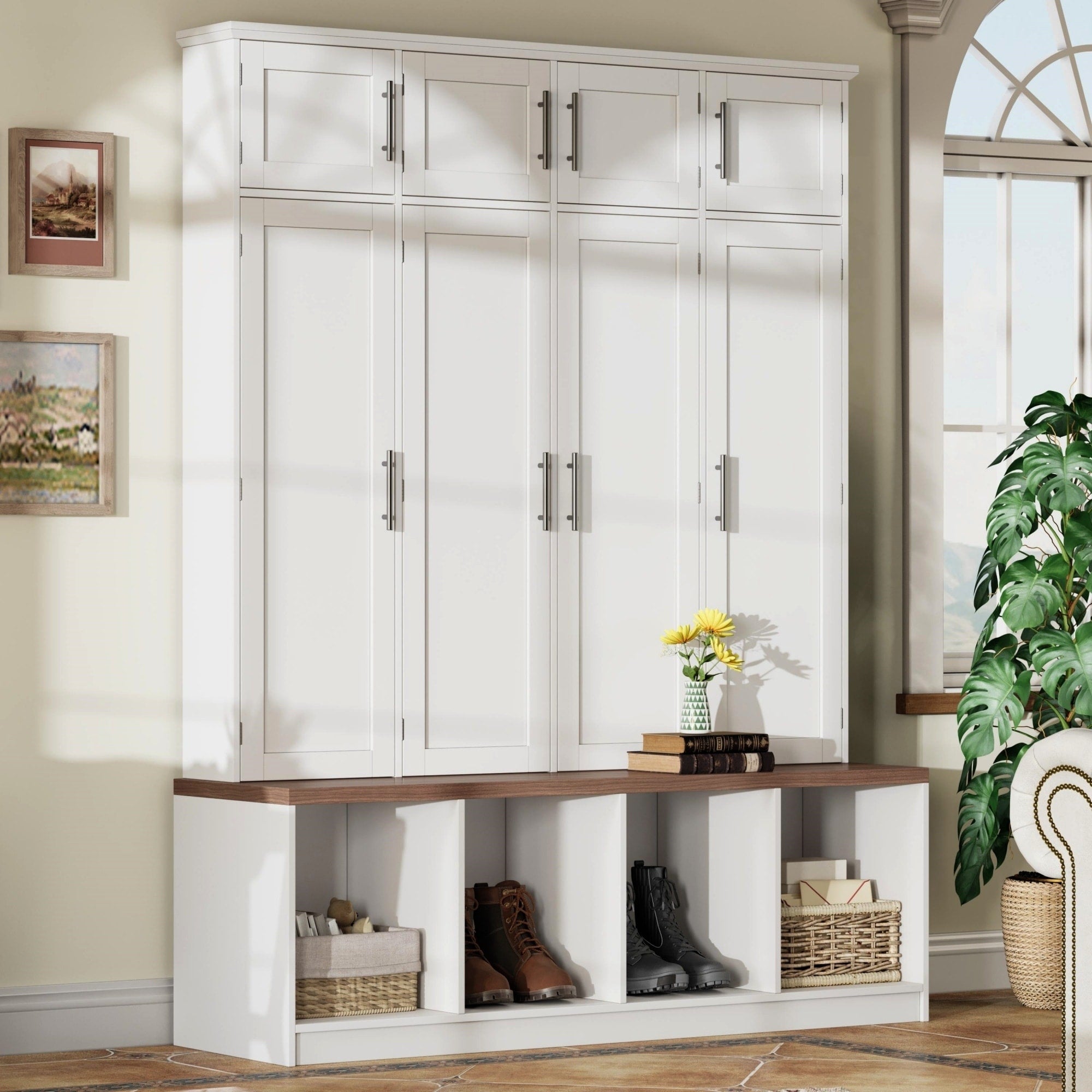 Roomfitters Large Entryway Hall Tree With Storage Cabinets Seating Bench And Shoe Cubbies For Mudroom Organization