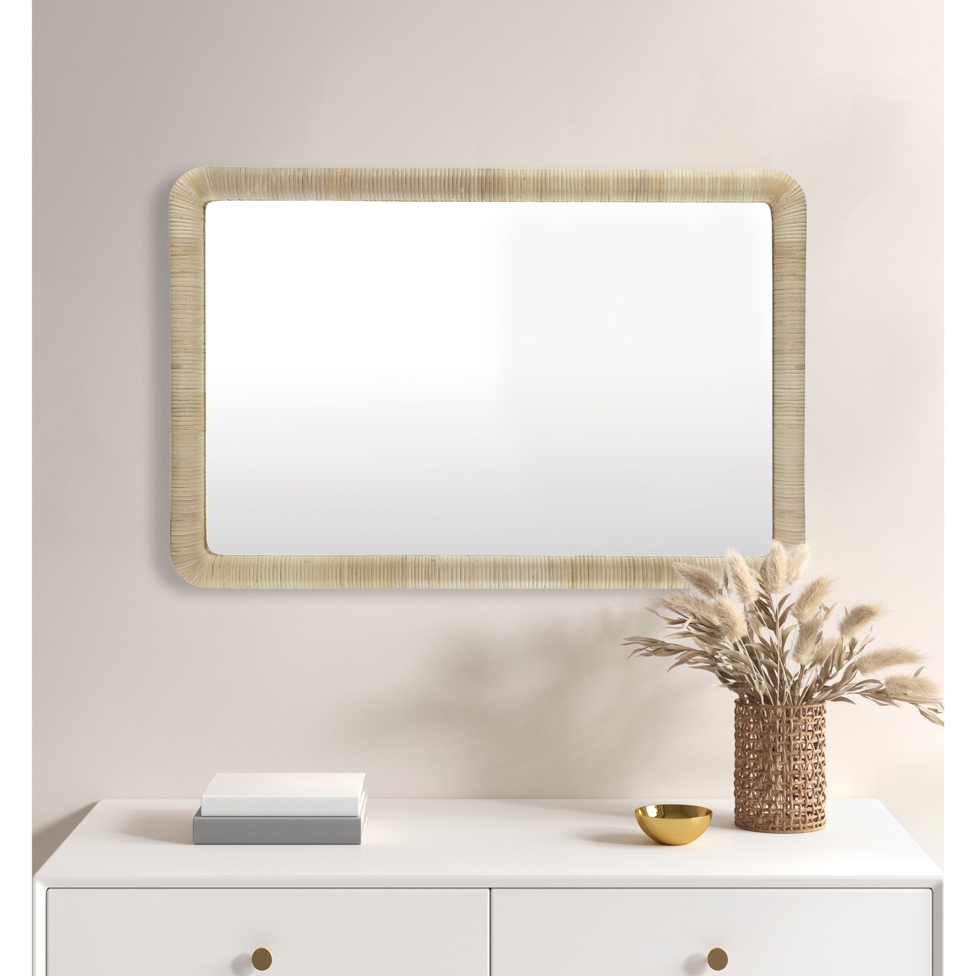 Roomfitters Large Natural Rattan Rectangle Wall Mirror 26X39 Rounded Corner Boho Decor For Entryway Living Room Or Bedroom