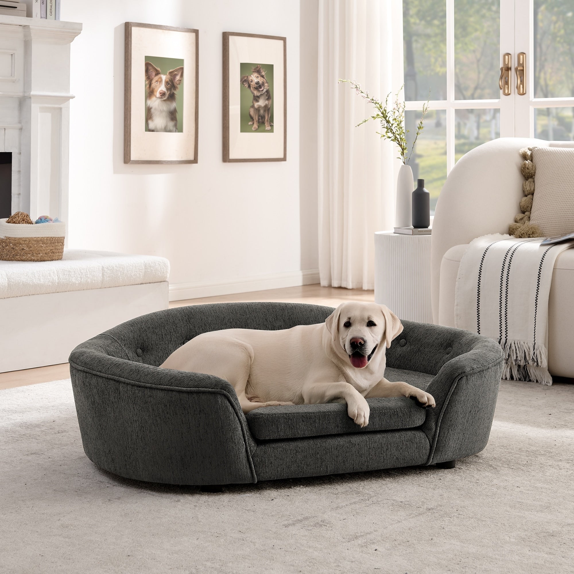 Roomfitters Large Oval Upholstered Dog Sofa Bed With Curved Tufted Silhouette Padded Pet Lounge Furniture Couch