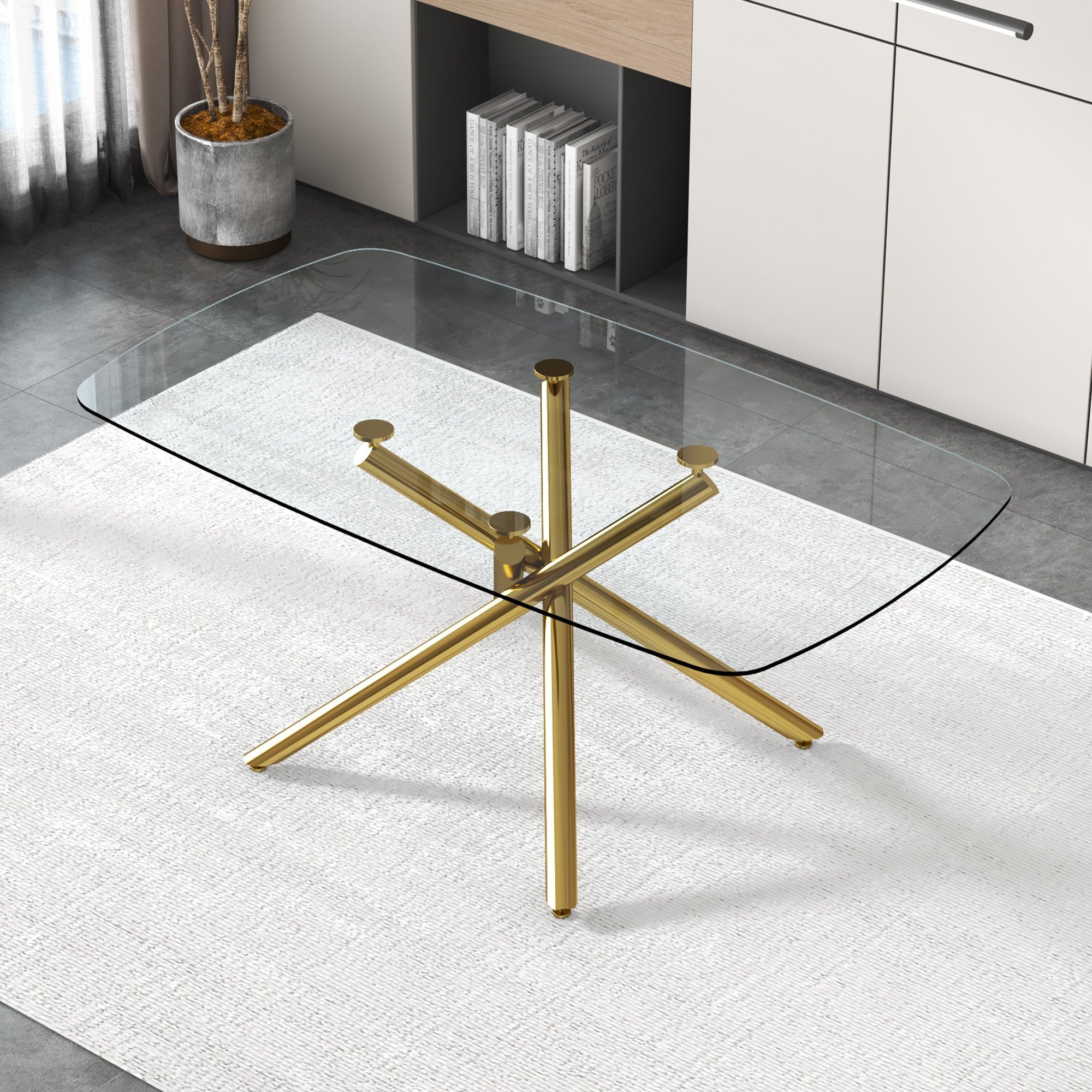 Roomfitters Large Rectangular Dining Table Tempered Glass Top Gilded Metal Leg Clear Negotiation Conference Table