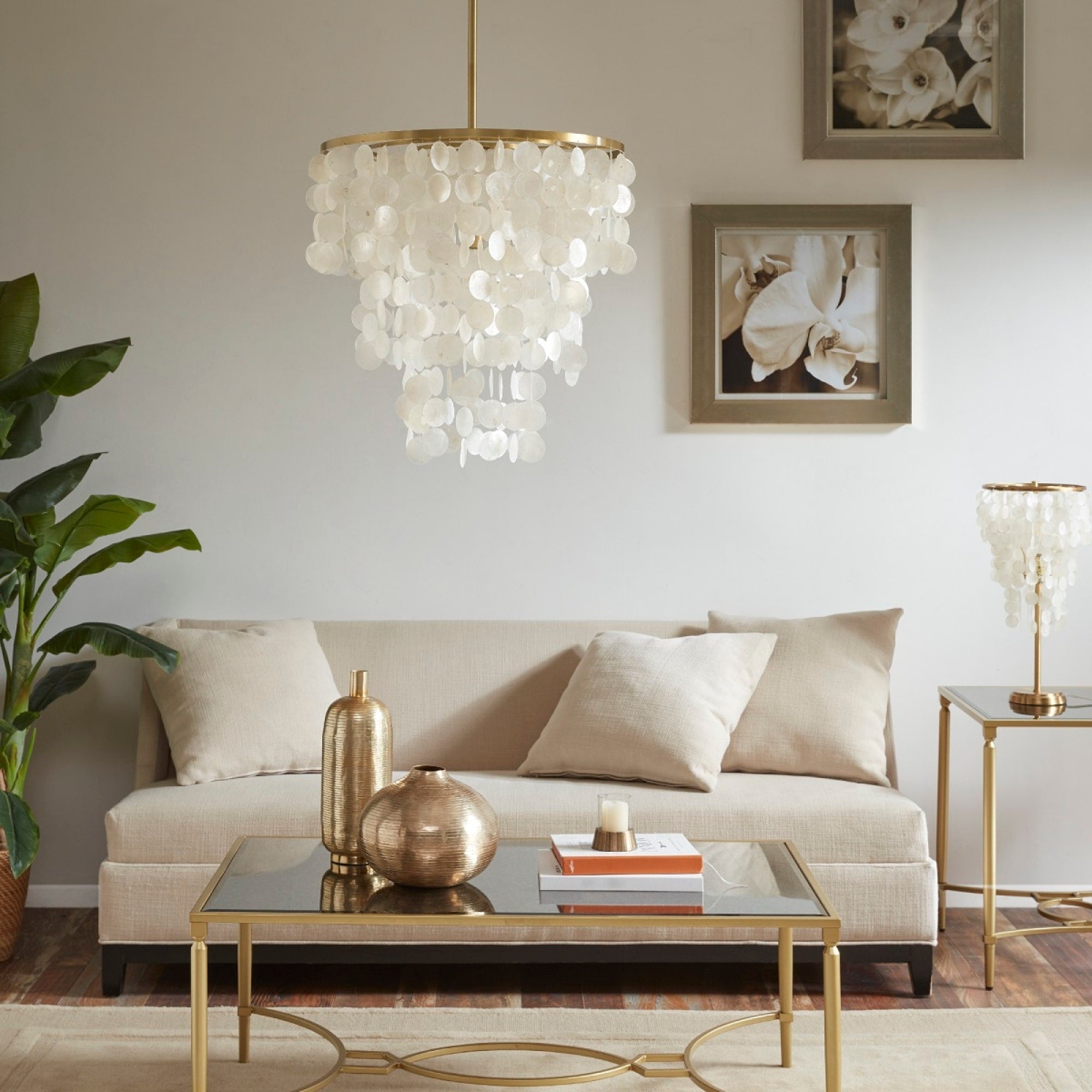 Roomfitters Layered Capiz Chandelier Modern Gold Coastal Ceiling Light Luxury Natural Shell Tiered Hanging Dining Room Fixture