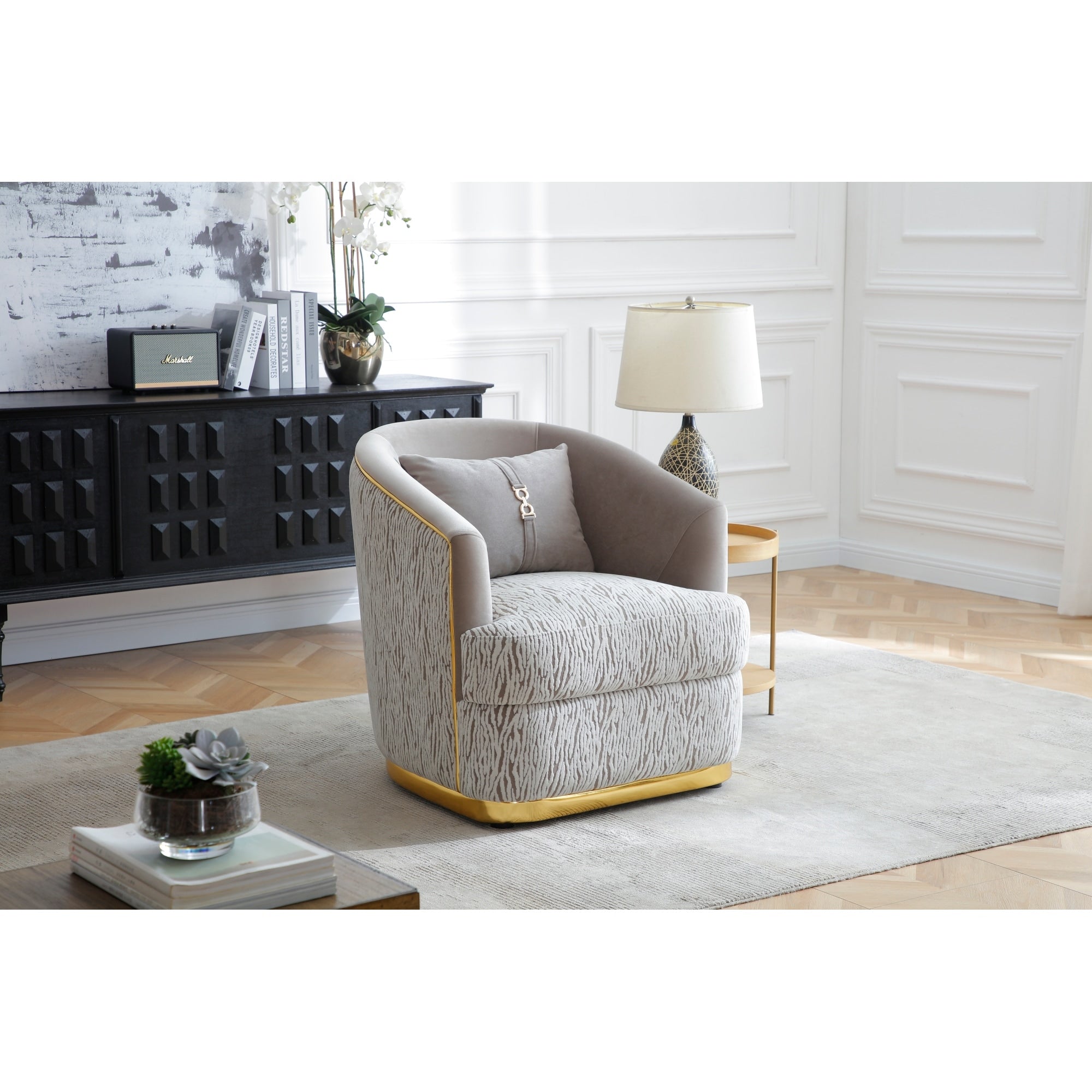 Roomfitters Lexington Swivel Barrel Chair Light Beige Velvet Chenille Gold Trim Fully Assembled Modern Glam Armchair