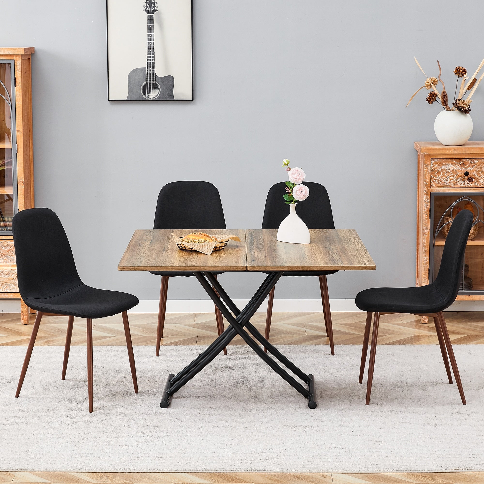 Roomfitters Lifting Walnut Dining Table Set Linen Chairs Metal Legs Adjustable Seating For 4