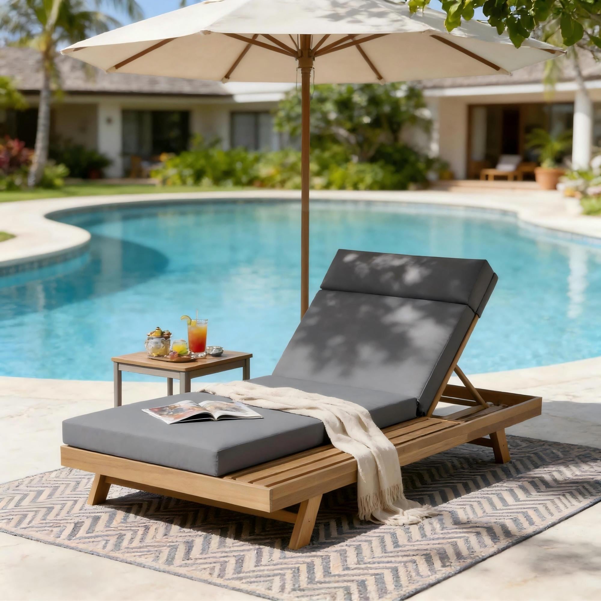 Roomfitters Light Brown Acacia Wood Lounge Chaise Grey 3 Fold Headrest Cushion 4 Position Reclining Lounger 4 Inch Daybed