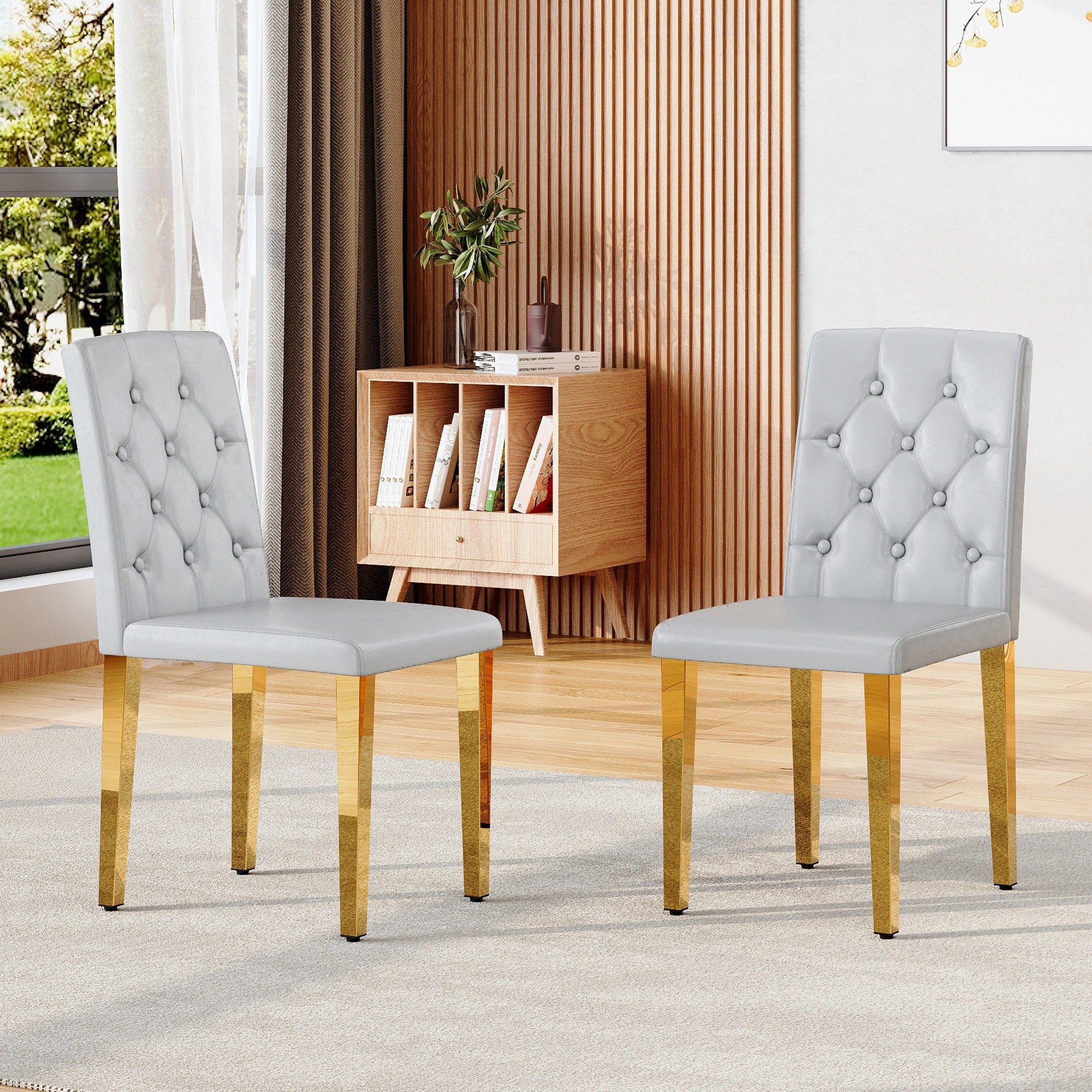 Roomfitters Light Gray Pu Leather Dining Chairs Gold Metal Leg Button Tufted Upholstered Seating Set Of 2 4 Side Chairs