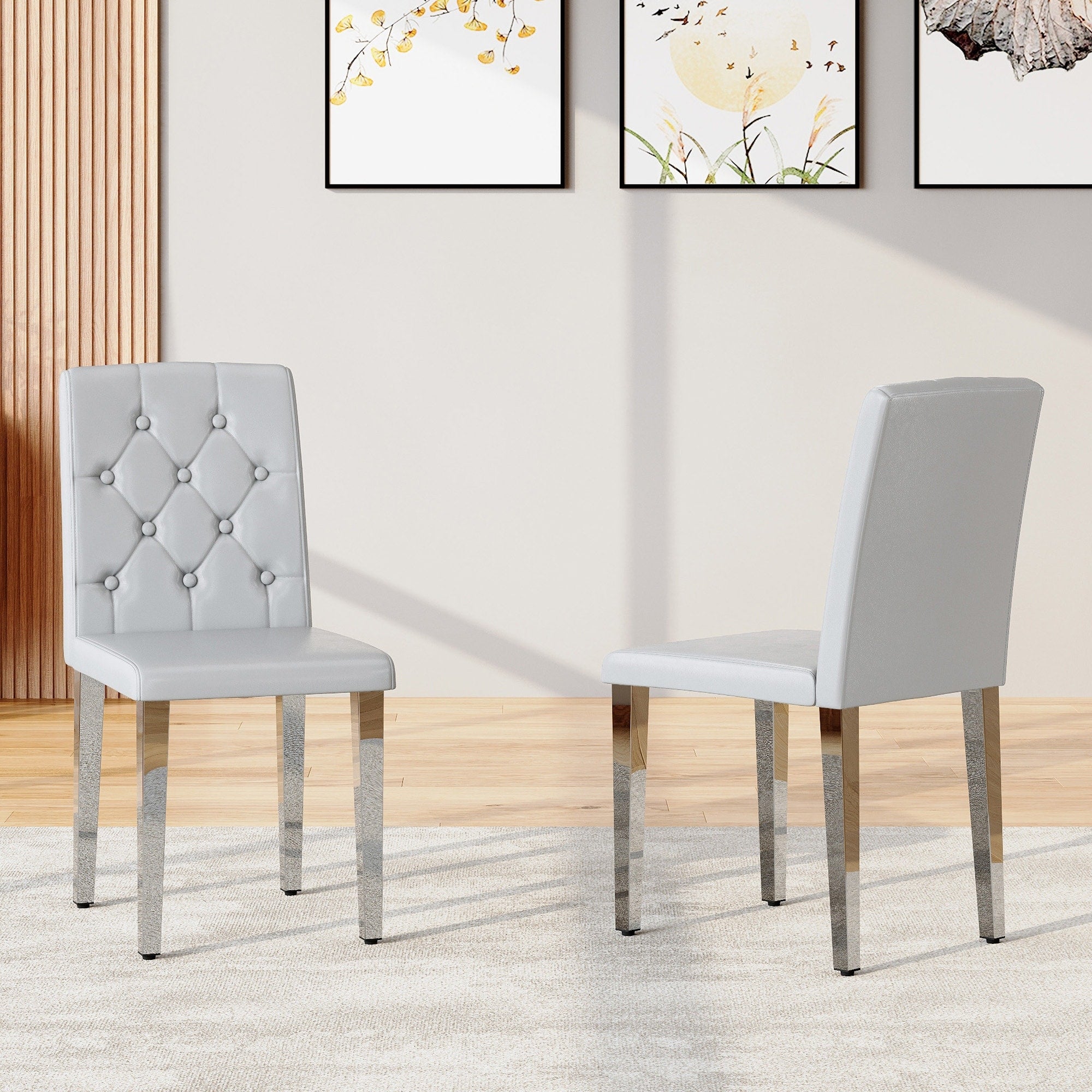Roomfitters Light Gray Pu Leather Dining Chairs Silver Metal Leg Button Tufted Upholstered Seating Set Of 2 4 Side Chairs