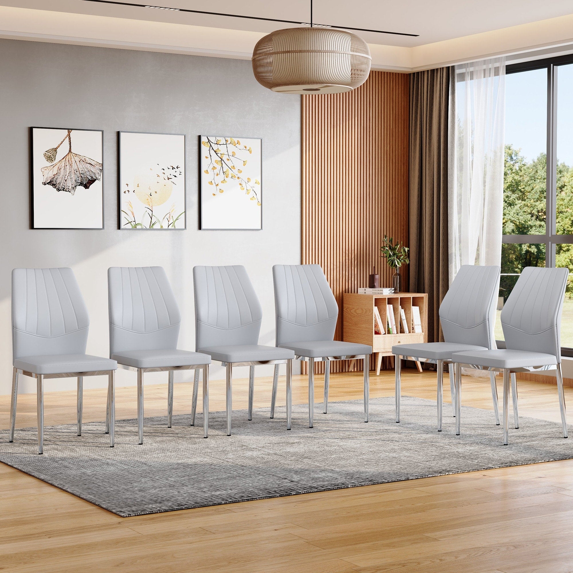 Roomfitters Light Gray Pu Leather Dining Chairs Silver Metal Leg Luxury Ergonomic Upholstered Seating Set Of 6 Chairs