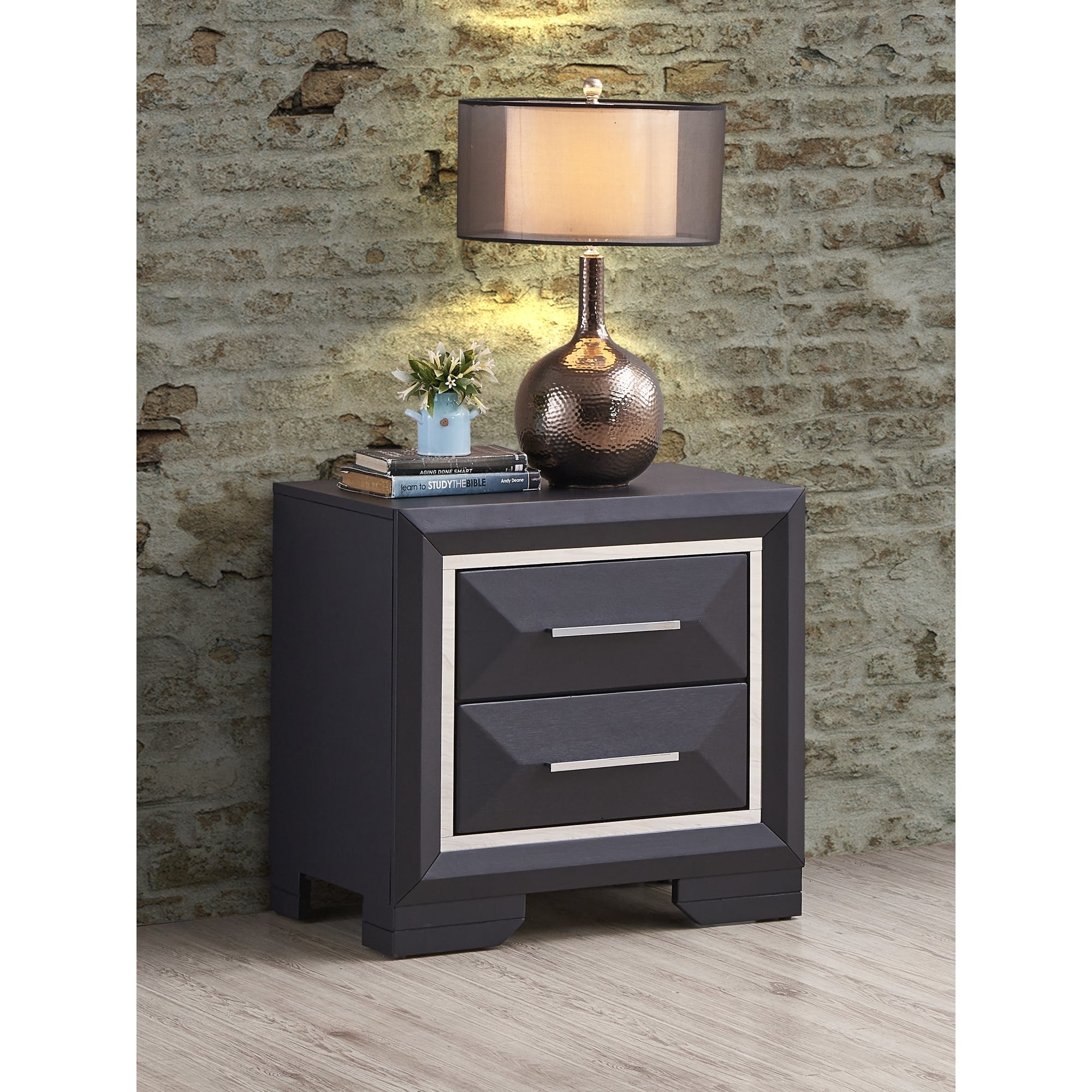 Roomfitters Liverpool 2 Drawer Nightstand Black Modern Brush Steel Accents Fully Assembled Contemporary Table