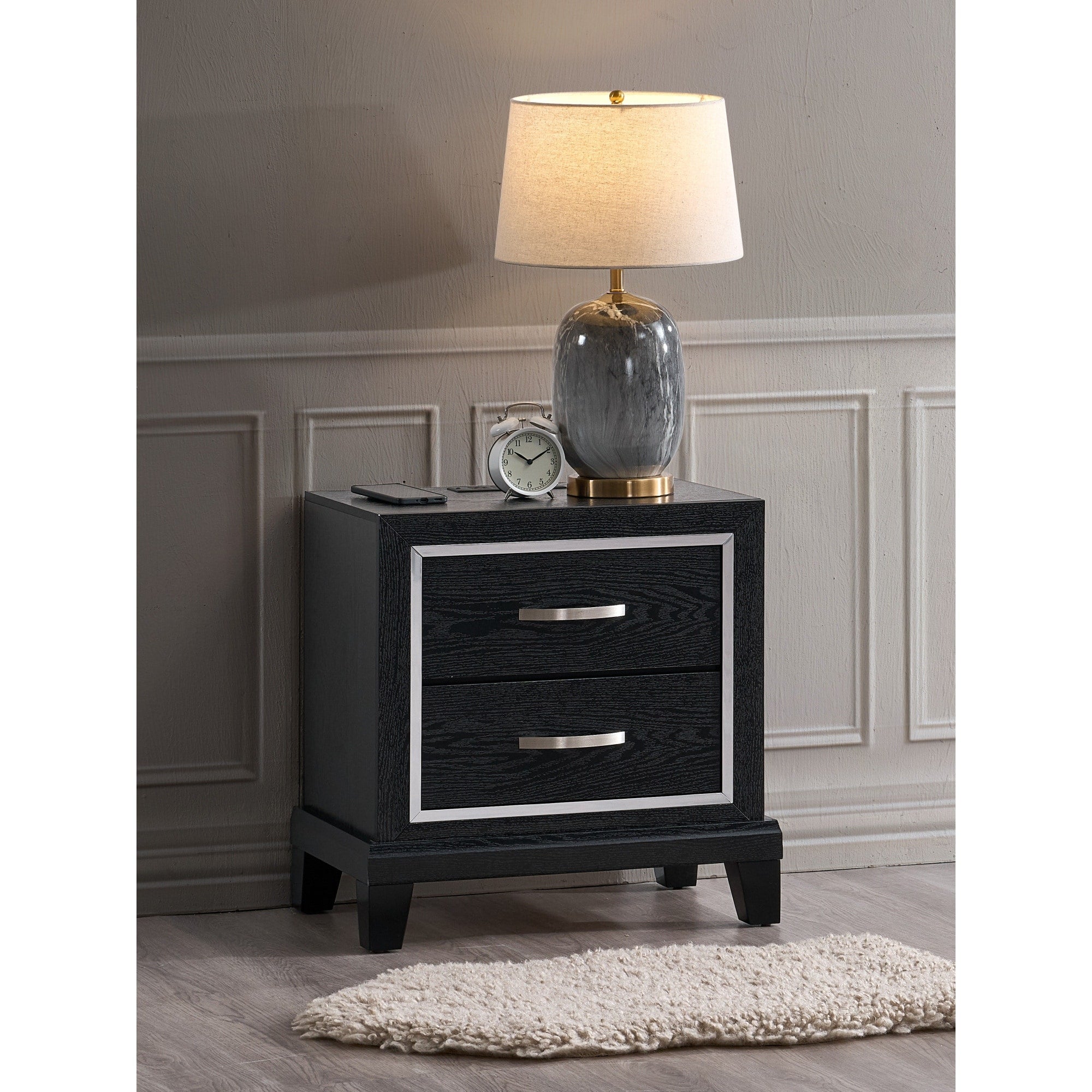 Roomfitters Livingston 2 Drawer Nightstand Black Modern Ac Usb C Outlets Fully Assembled Wood Grain Tech Hub
