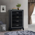 Roomfitters Livingston 4 Drawer Chest Black Wood Grain Silver Border Modern Vertical Dresser Brushed Steel Handles