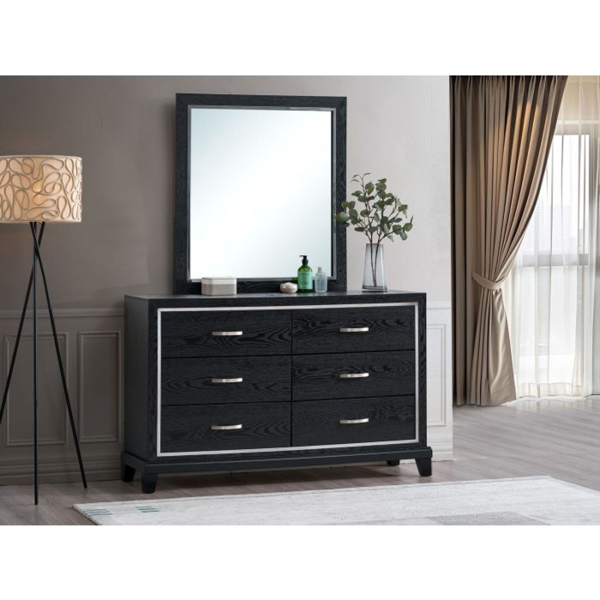 Roomfitters Livingston Black Wood Grain Dresser Mirror Modern Architectural High Clarity Bedroom Vanity Mirror