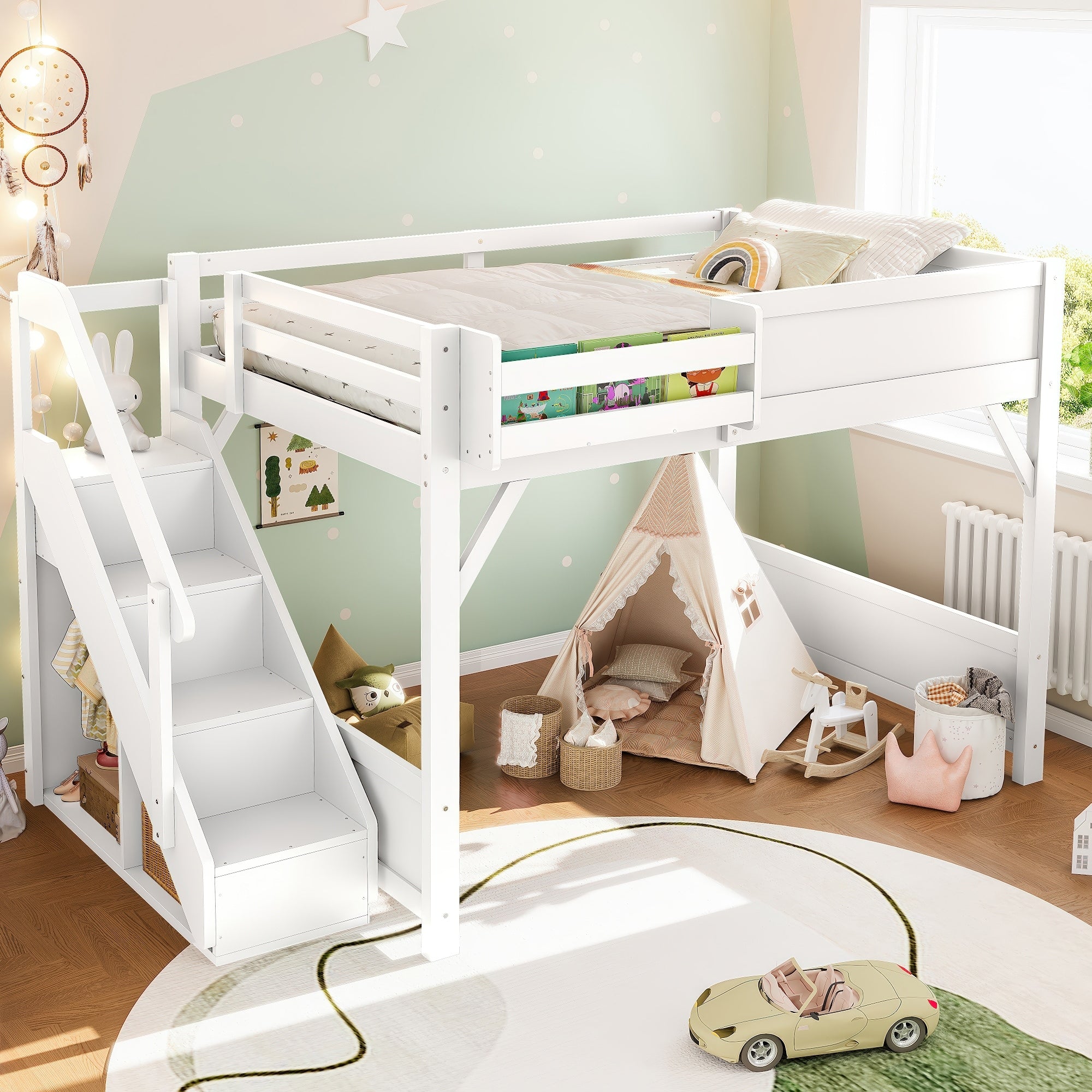 Roomfitters Loft Bed With Wardrobe And Storage Stairs Solid Wood Frame With Bedside Shelves
