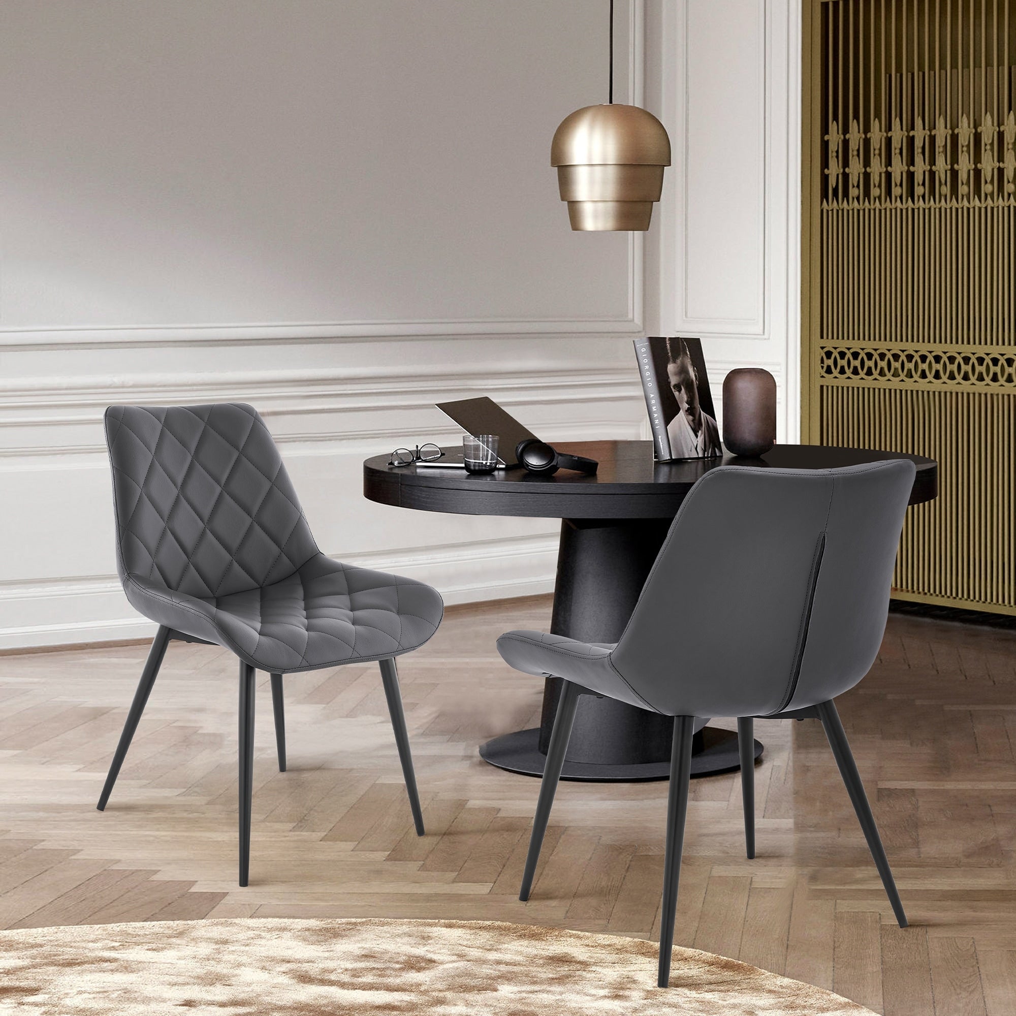 Roomfitters Loralie Gray Faux Leather Dining Chairs Set Of 2 Diamond Quilted Upholstered Accent Chairs Black Metal Legs