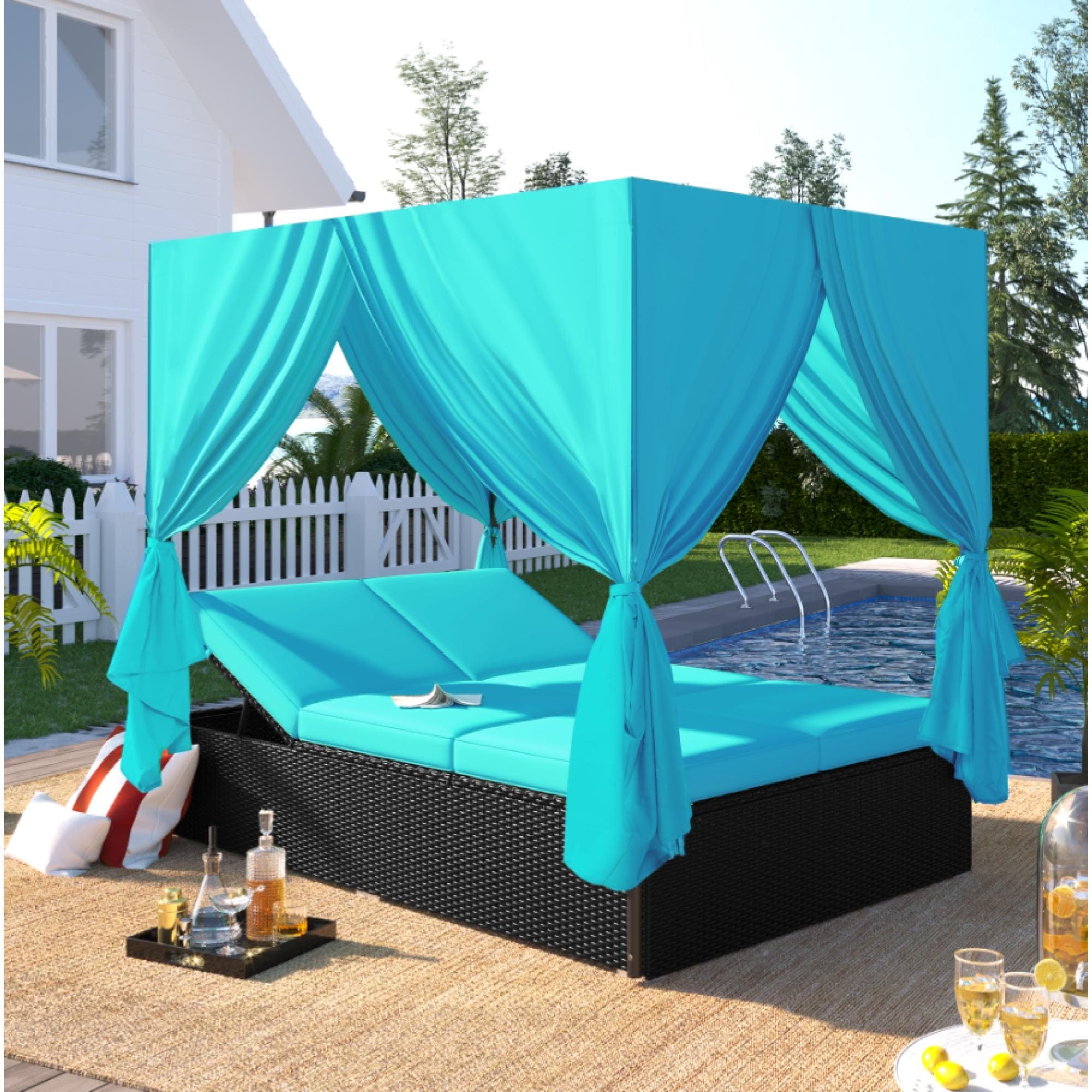 Roomfitters Luxury Cabana Outdoor Double Chaise Lounge Patio Daybed Privacy Curtains Adjustable Reclining