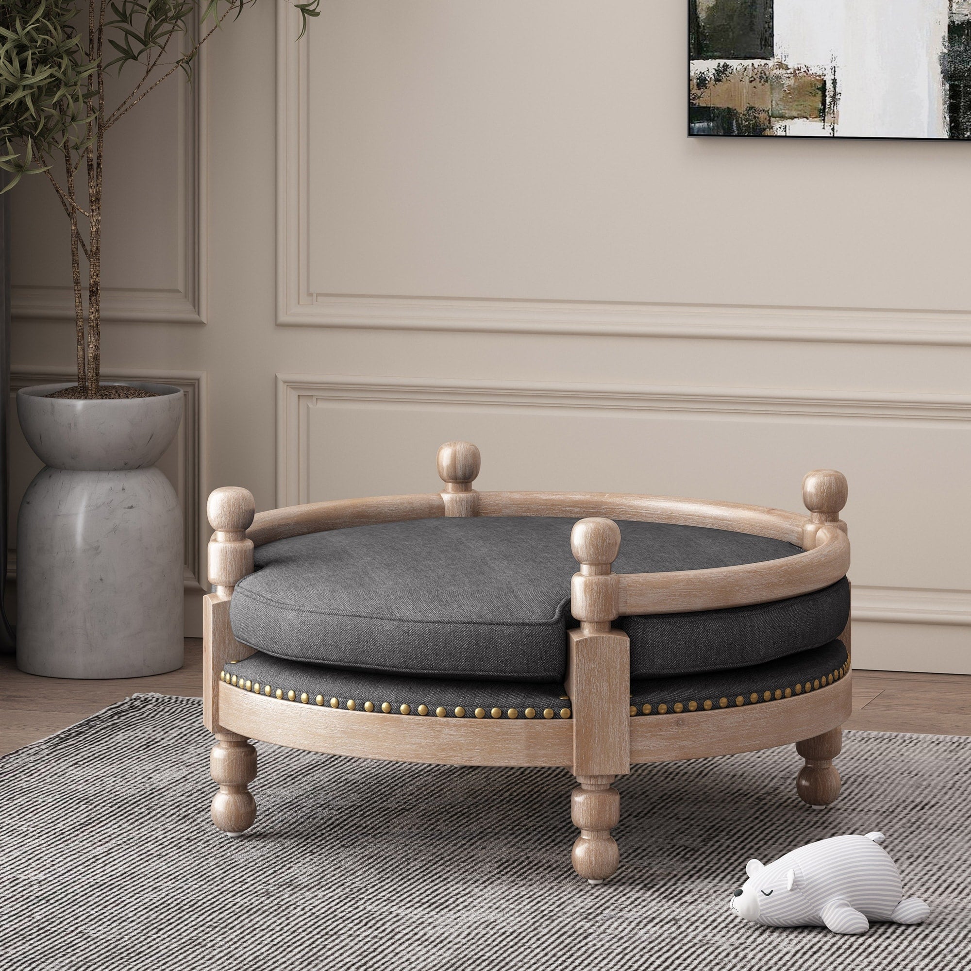 Roomfitters Luxury Elevated Pet Bed Round Wooden Dog Bed With Spindle Posts And Nailhead Trim Upholstered Cushion Charcoal