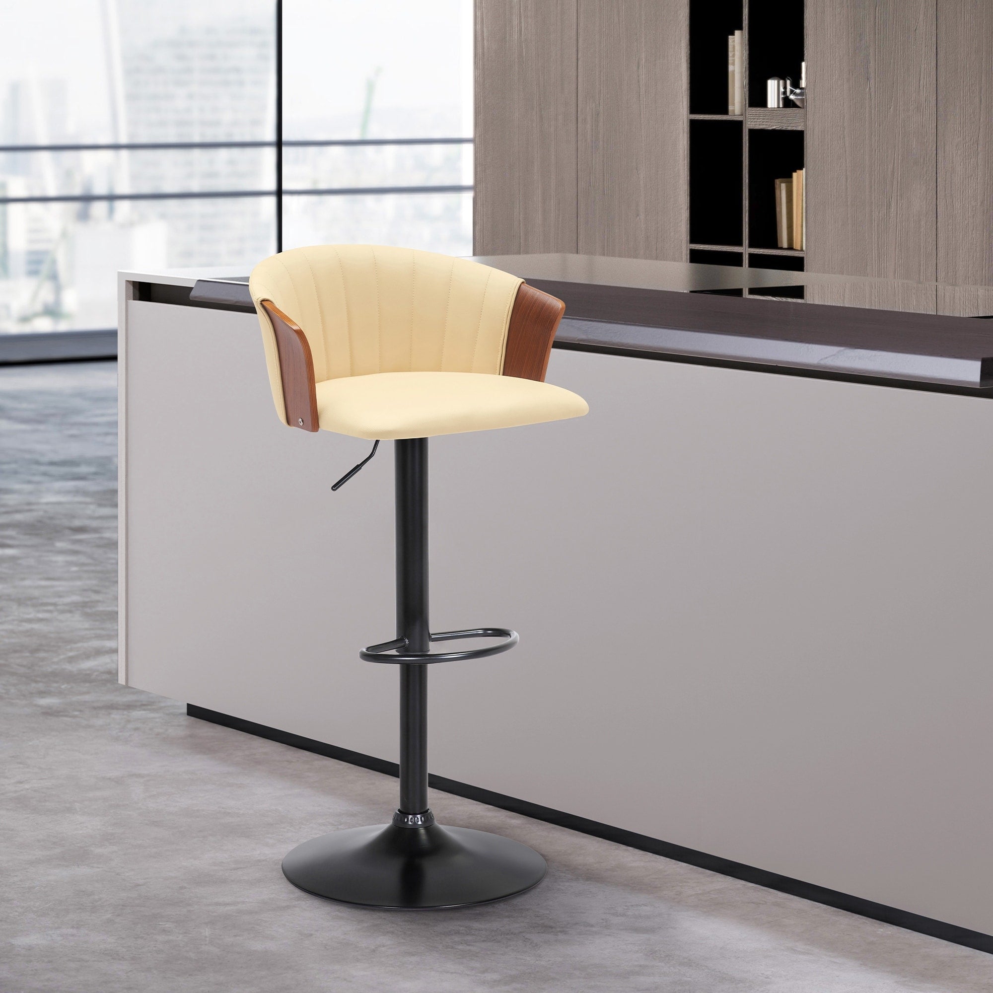 Roomfitters Lydia Adjustable Height Swivel Walnut Wood Bar Stool Cream Faux Leather Pub Chair Black Metal Pedestal Base