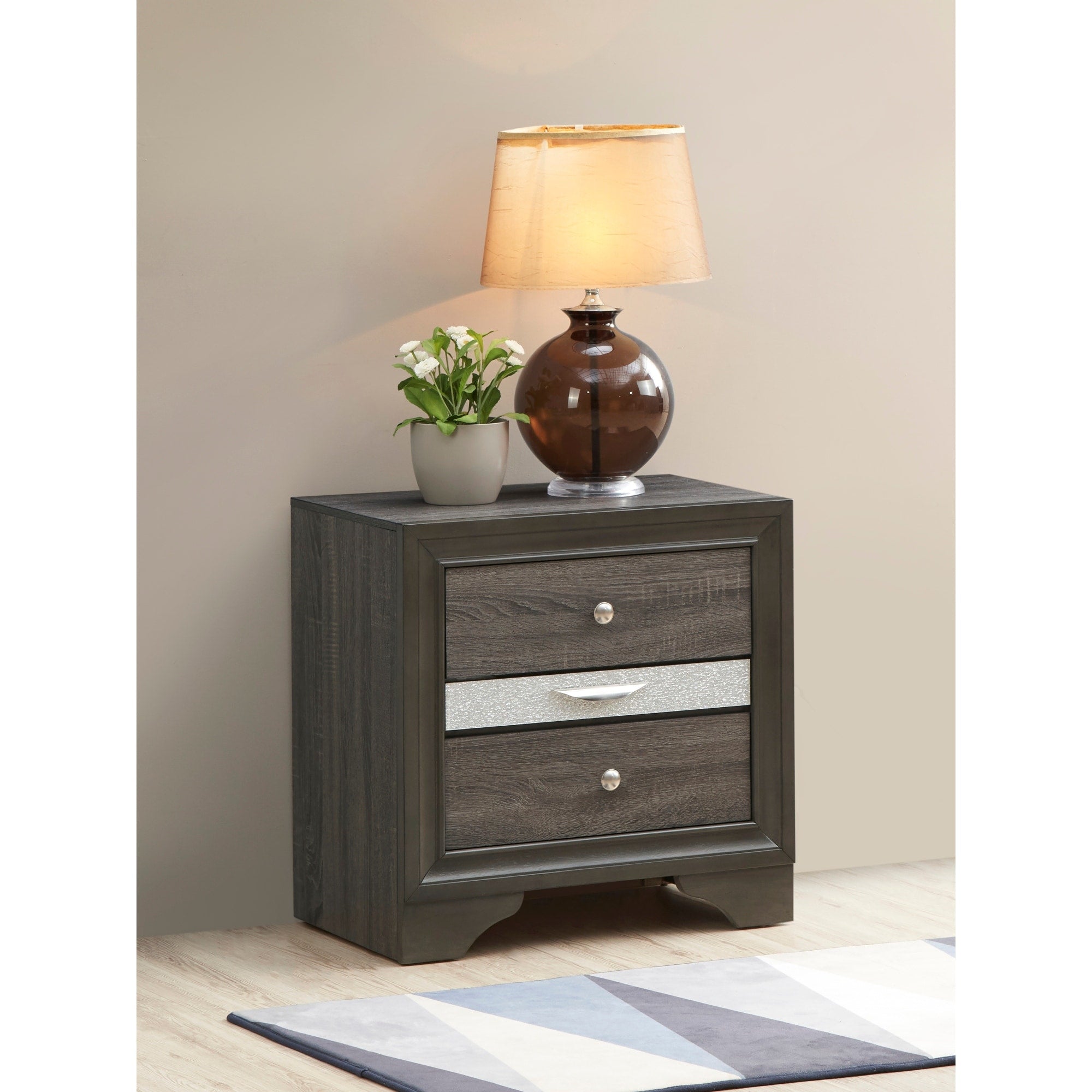Roomfitters Madrid 3 Drawer Nightstand Wood Grain Crystal Look Trim Contemporary Bedroom End Table