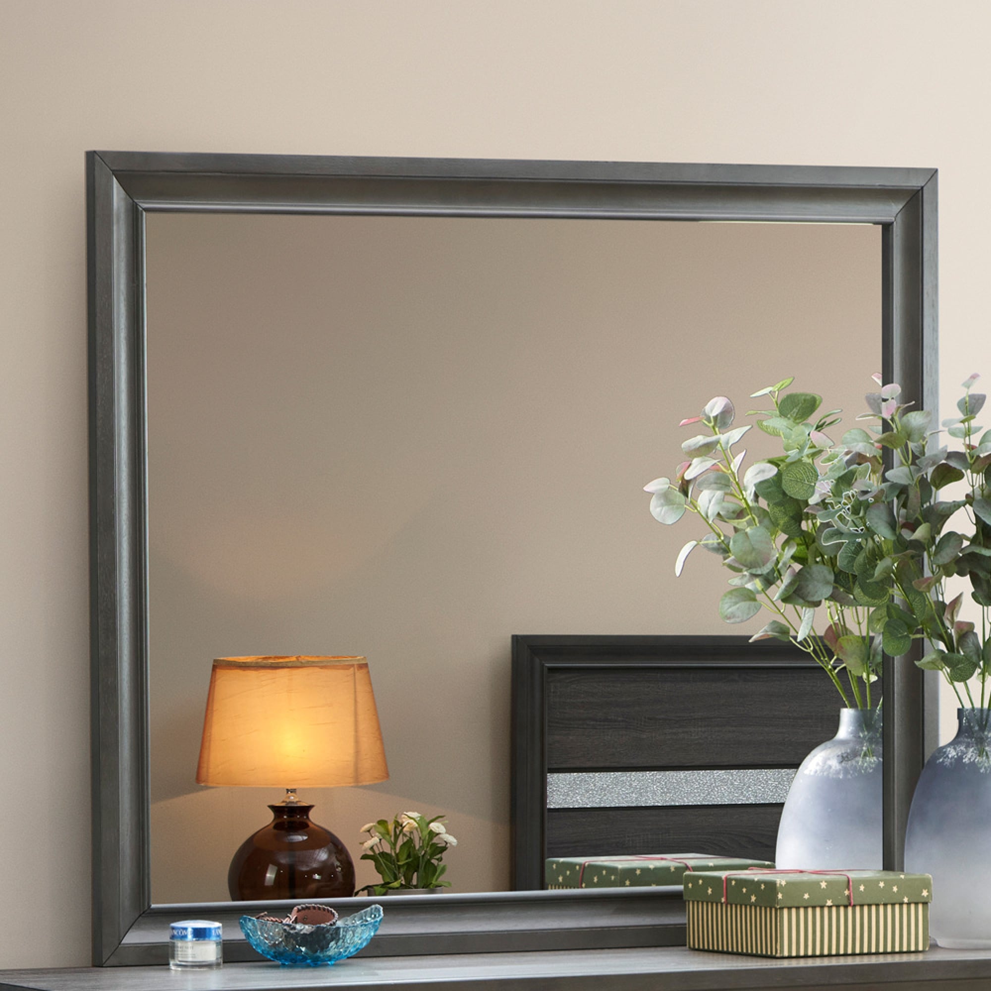 Roomfitters Madrid Modern Dresser Mirror Architectural Wood Grain Contemporary High Clarity 46 Inch Wide Mirror