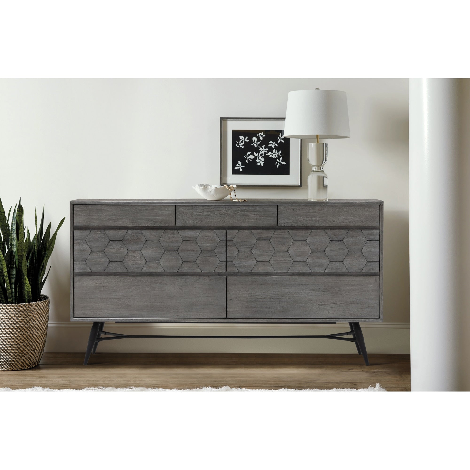Roomfitters Makena Modern Gray Acacia Wood Sideboard Buffet 61 Inch Wide With 7 Storage Units 3D Hexagon Accent Metal Legs