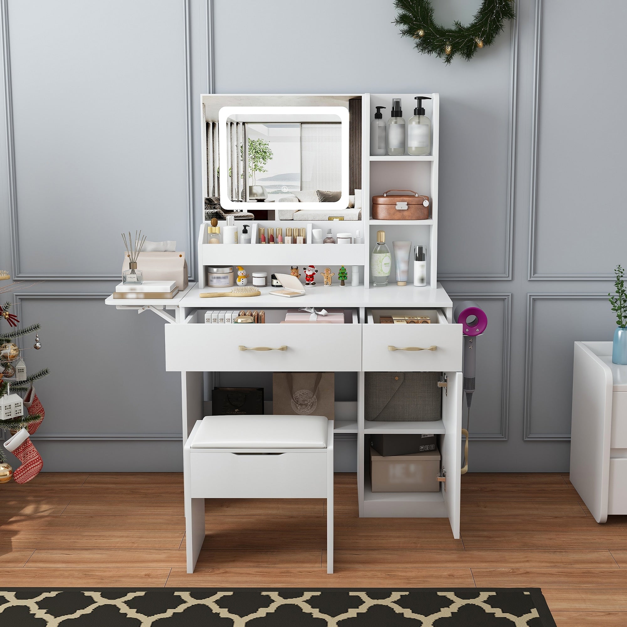 Roomfitters Makeup Vanity Desk With Charging Station Lighted Mirror Storage Stool Expandable Table White