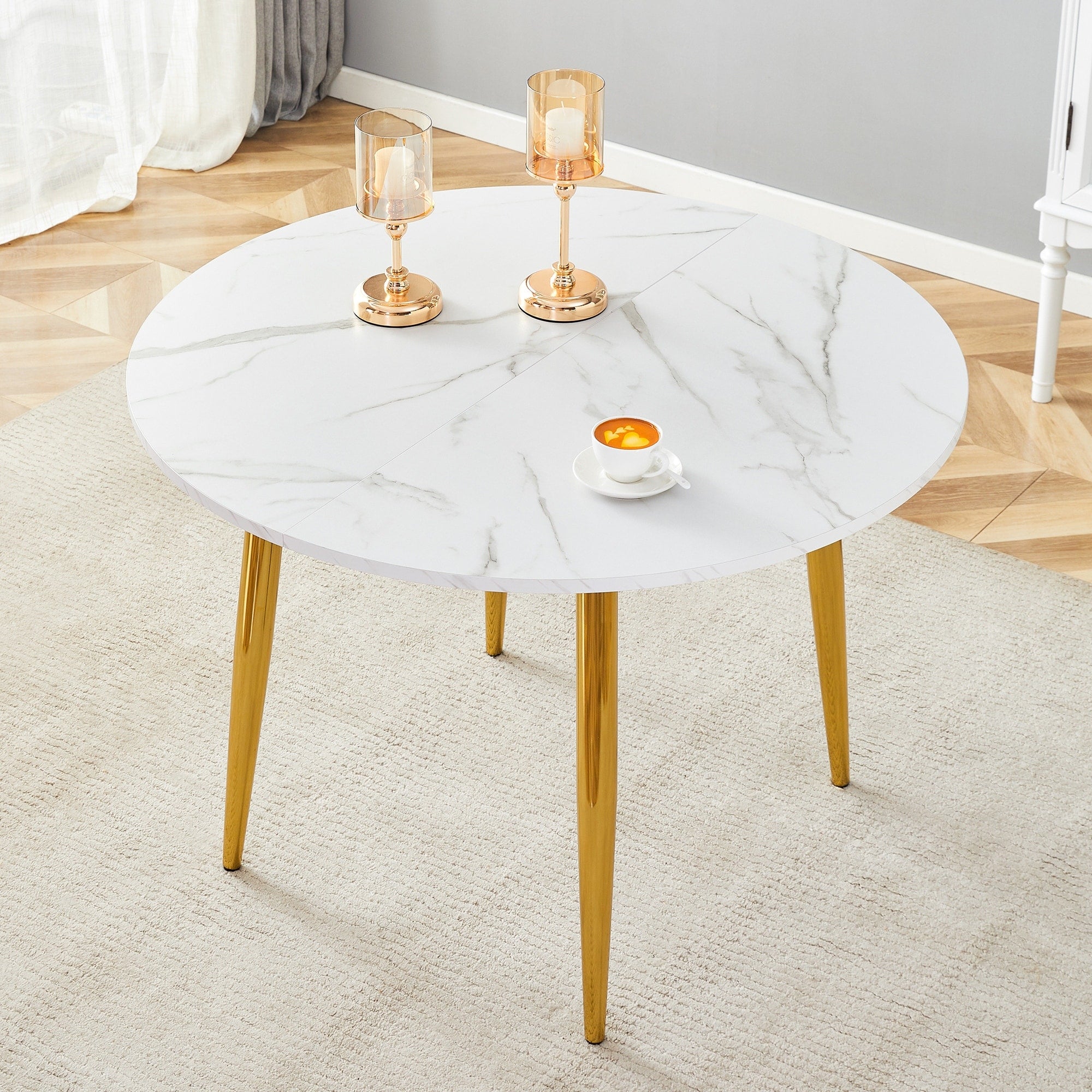 Roomfitters Marble Pattern Mdf Extendable Round Dining Table Gold Metal Leg Pull Out Negotiation Table