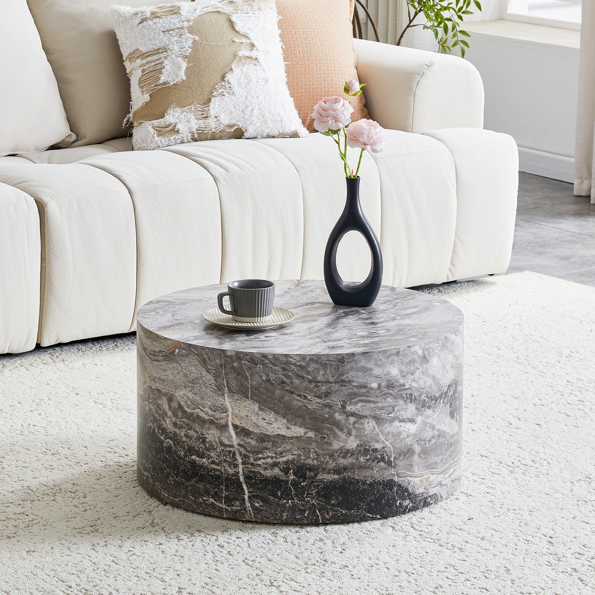 Roomfitters Marble Round Mdf Coffee Table Luxury Minimalist Circular Side Table Marble Texture Living Room Furniture