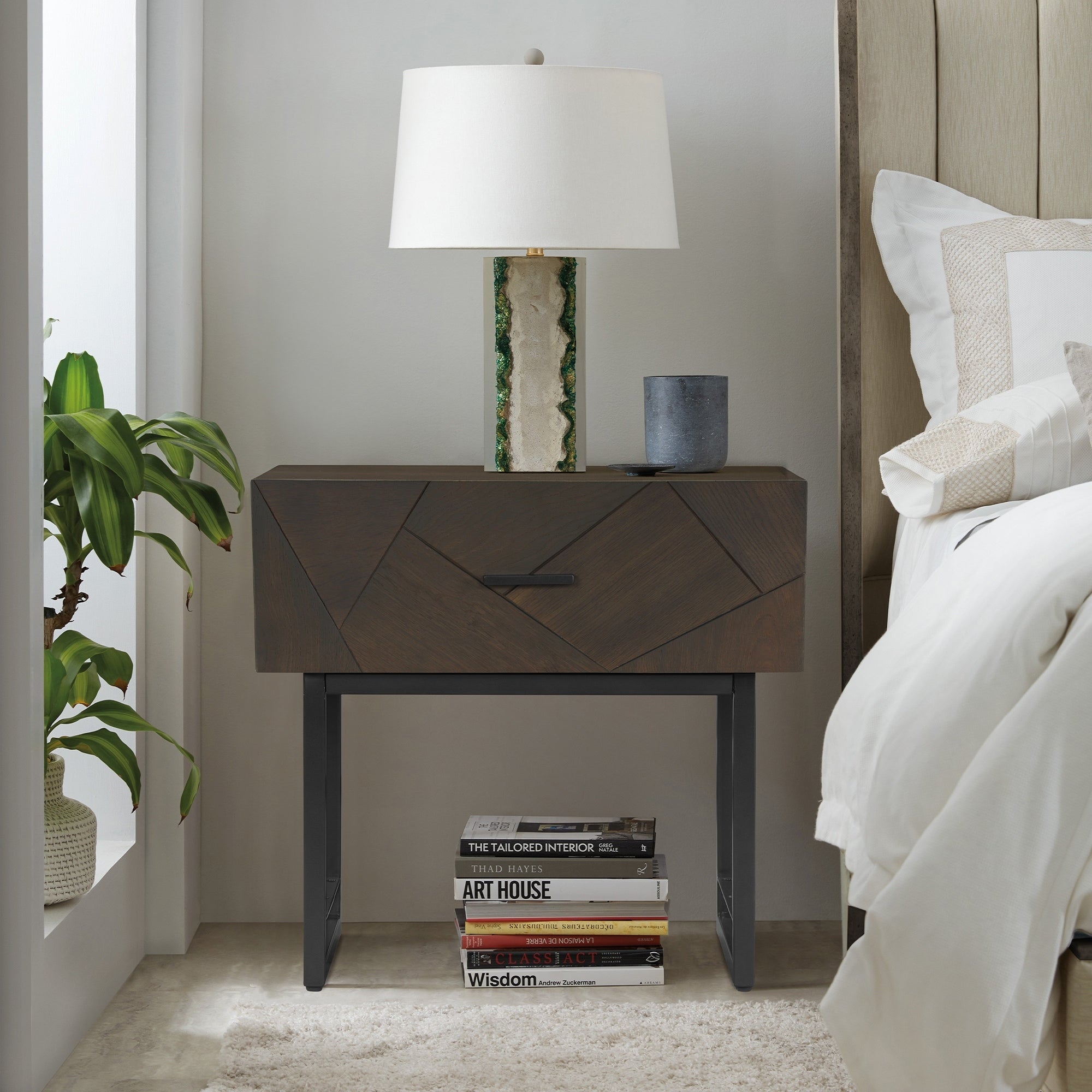 Roomfitters Marquis Modern Oak Wood Nightstand With Storage Unit Dark Brown Geometric Bedside Table Heavy Black Metal Legs