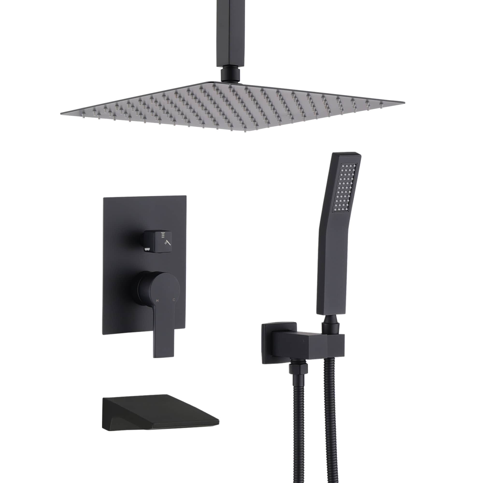 Roomfitters Matte Black Shower System 3 Way Ceiling Mount Rain Shower Faucet Set With Handheld Spray And Waterfall Tub Spout