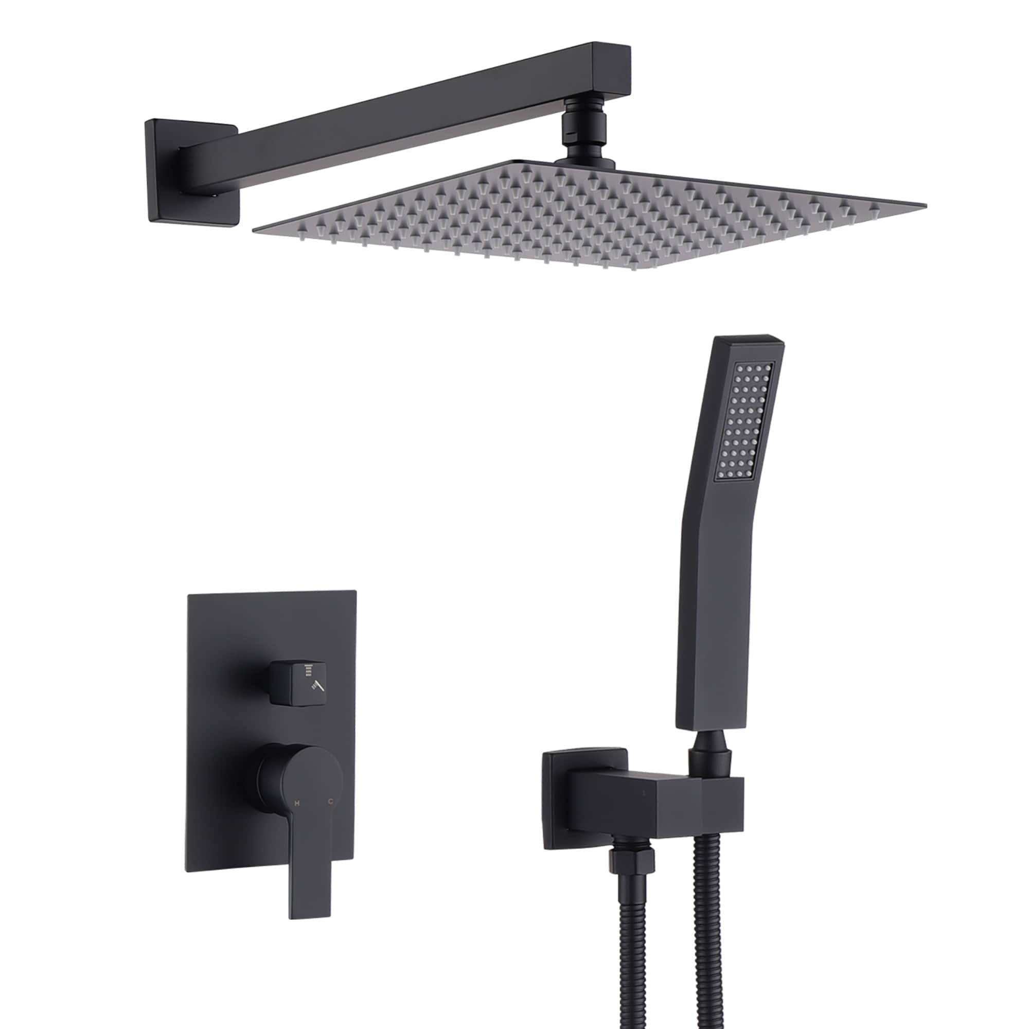 Roomfitters Matte Black Shower System Wall Mounted Rainfall Shower Faucet Set With Handheld Spray And Pressure Balance Valve