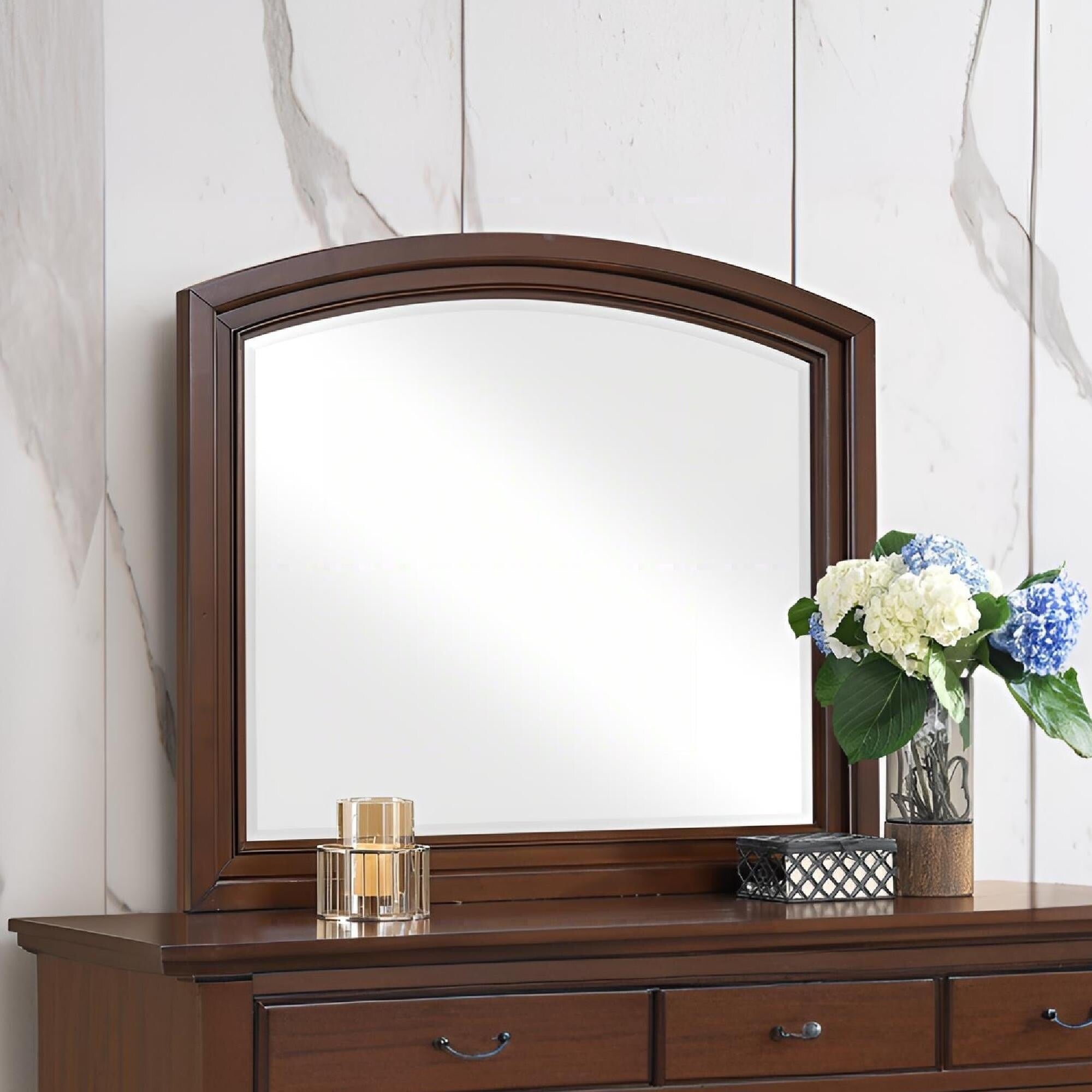 Roomfitters Meade Dark Cherry Traditional Dresser Mirror Carved Arch Classic Wood Frame High Clarity Vanity Mirror