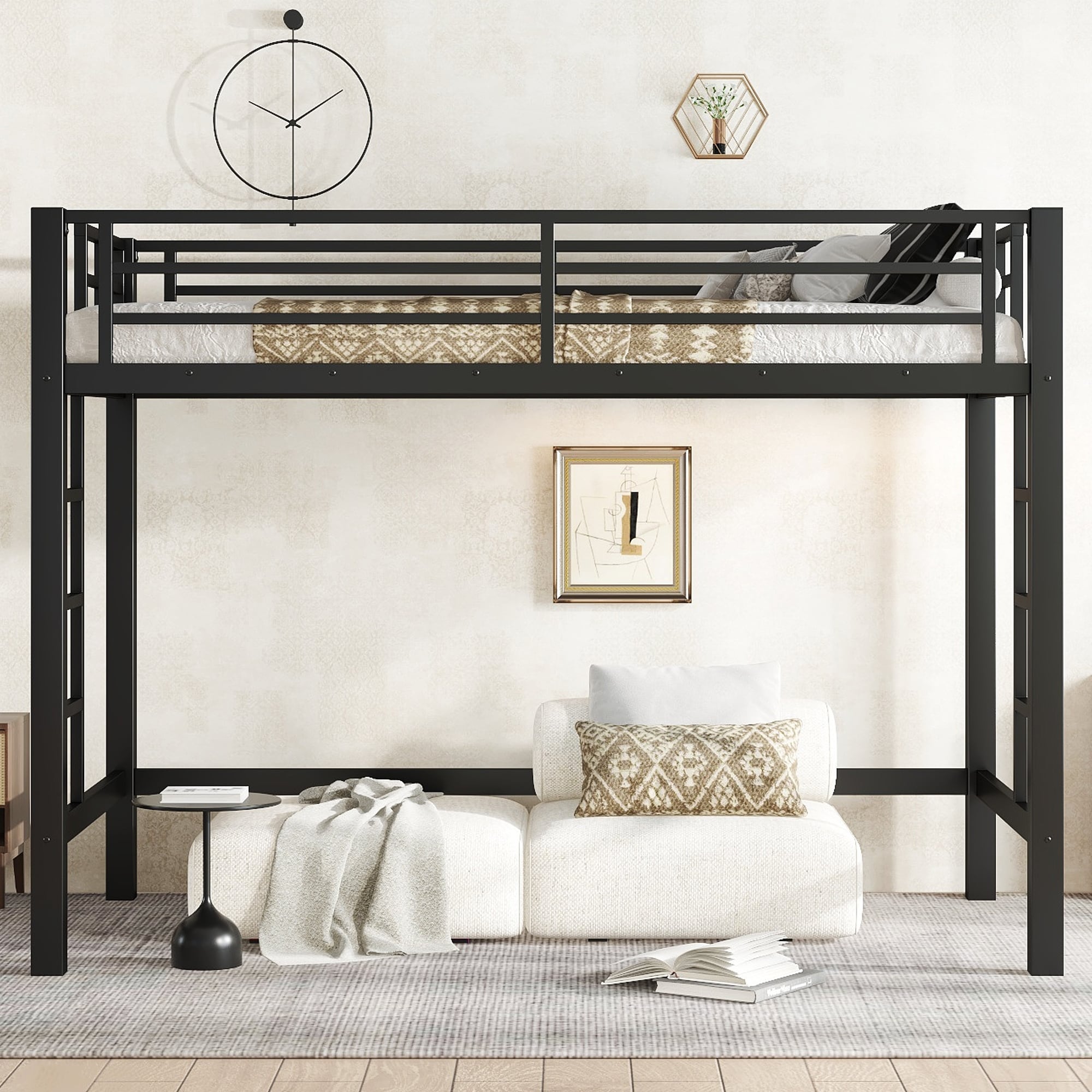 Roomfitters Metal Loft Bed With Dual Ladders High Sleeper Frame With Under Bed Storage Space Black