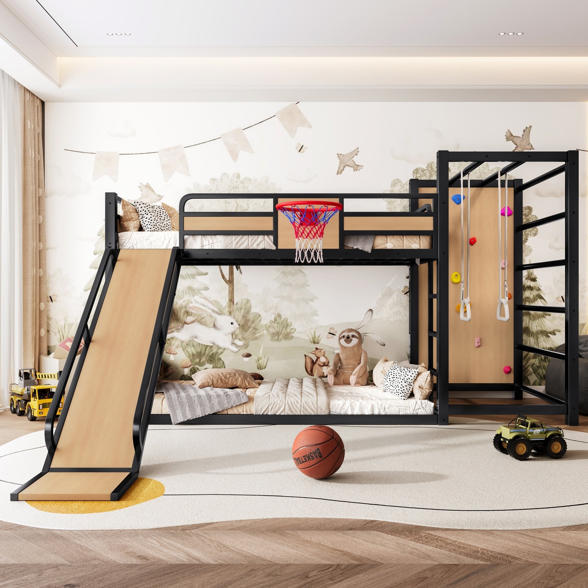 Roomfitters Metal Loft Bed Basketball Hoop Climbing Wall Pull Up Rings Yellow Kids Loft Bed With Slide Bookcase Set