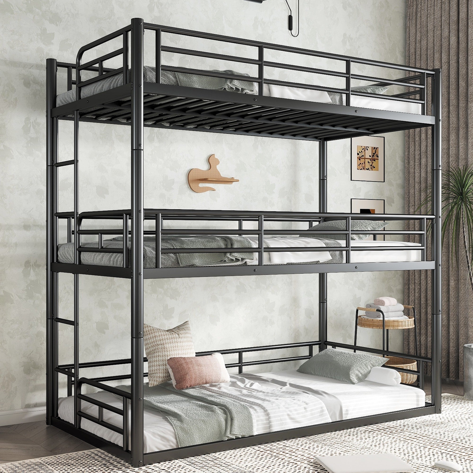 Roomfitters Metal Triple Bunk Bed Guardrails Ladders Heavy Duty 3 Tier Frame Noise Reduced