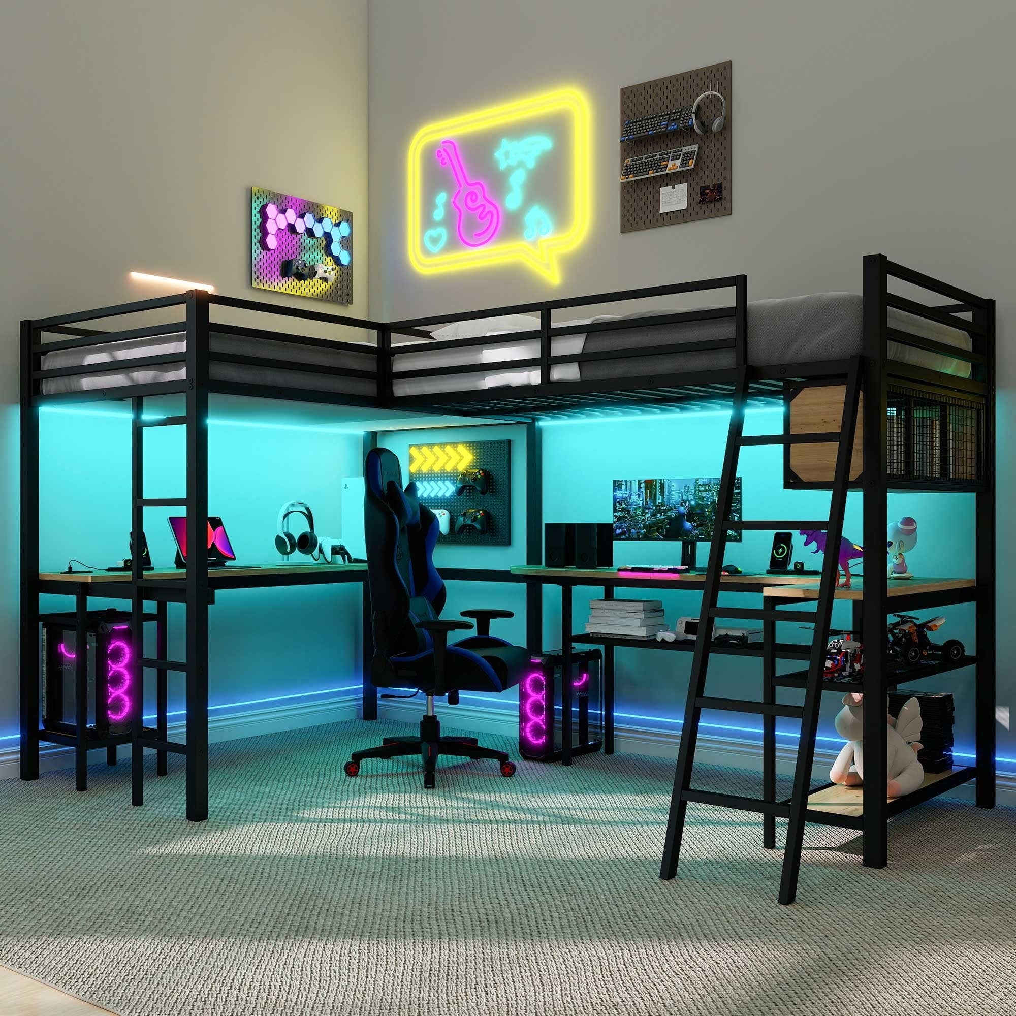 Roomfitters Metal Twin L Shaped Loft Bed With 2 Desks Led Lights And Charging Station Black